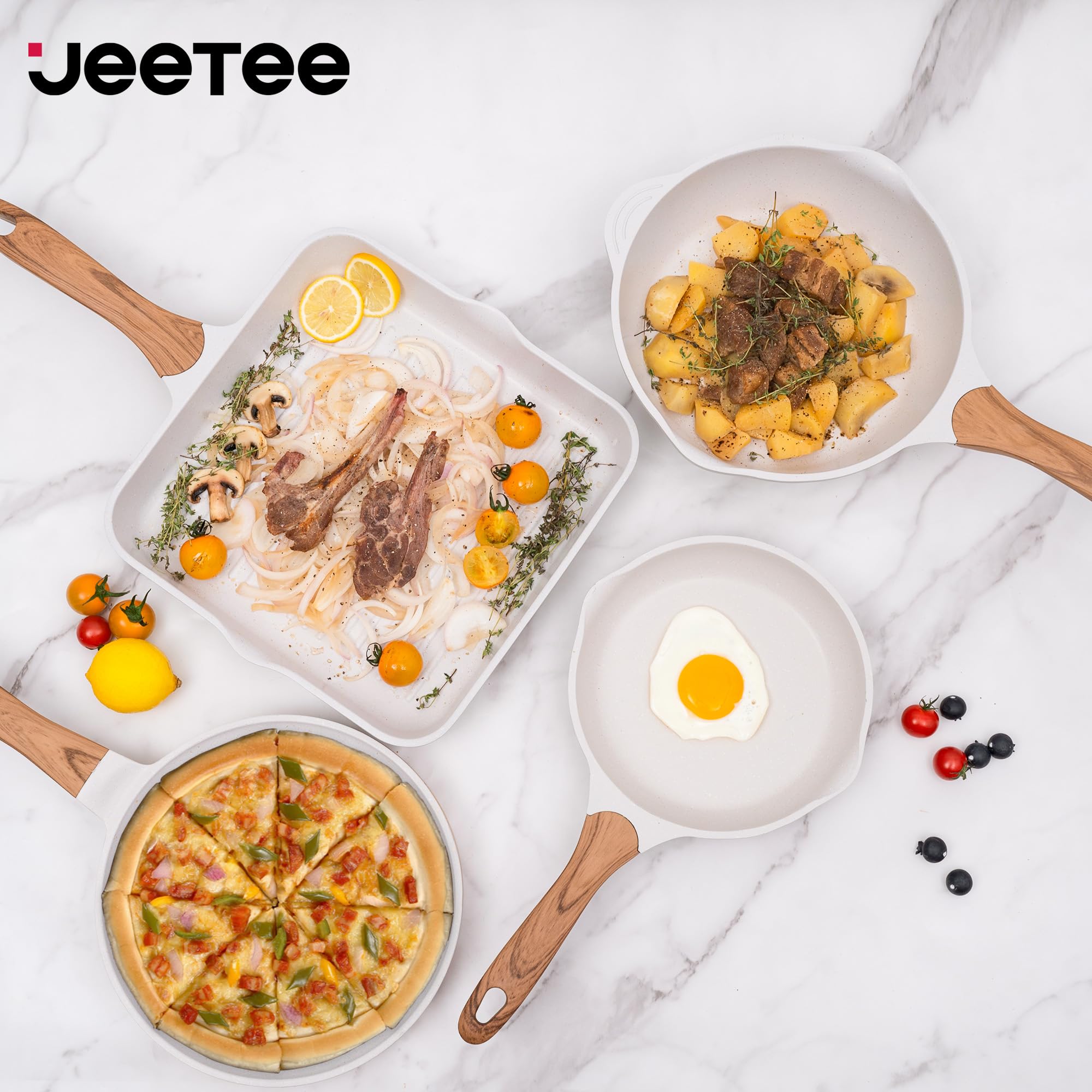 JEETEE Topf- und Pfannenset 23-teilig Beige, Antihaft Topfset für Induktion, mit Glasdeckeln, Kochtopf, Bratpfannen, Schmorpfanne, Crêpe-Pfanne und Grillpfanne