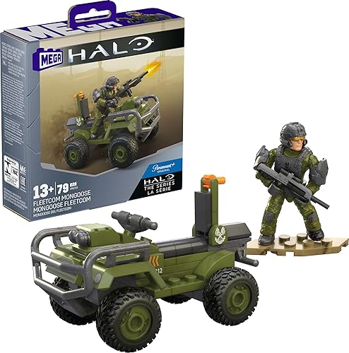 MEGA Juego de juguetes de construcción Halo, FLEETCOM Mongoose ATV vehículo con 79 piezas, 2 figuras de acción micro posables y accesorios