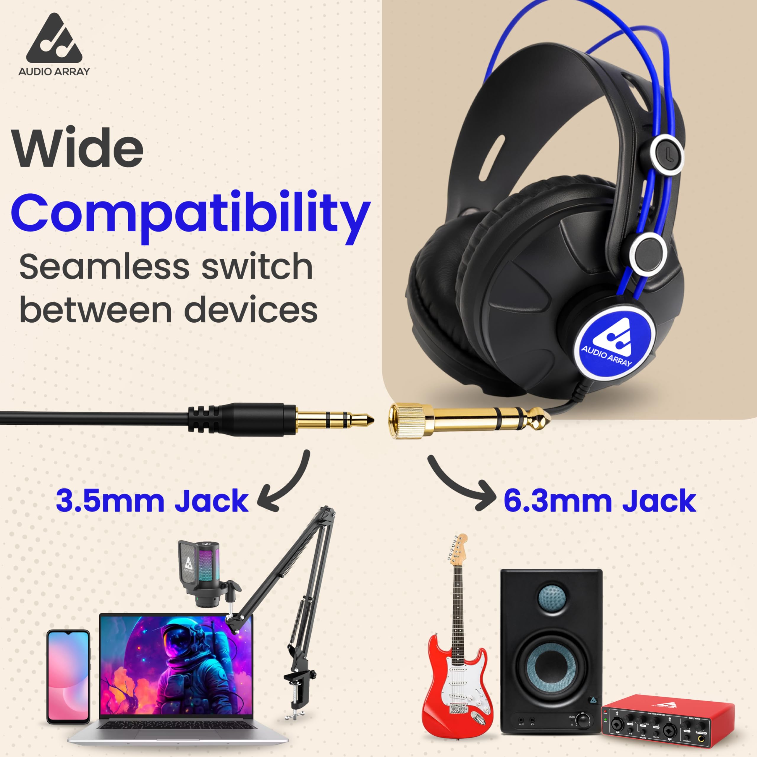 Audio Array AH-60-BL 60 omów Impedancja profesjonalne słuchawki monitorujące | sterowniki 53 mm | pasmo przenoszenia 10 Hz–30 kHz | zamknięte, dla DJ-ów i studia, kabel 3 m z wtyczkami 3,5 mm i 6,3 mm