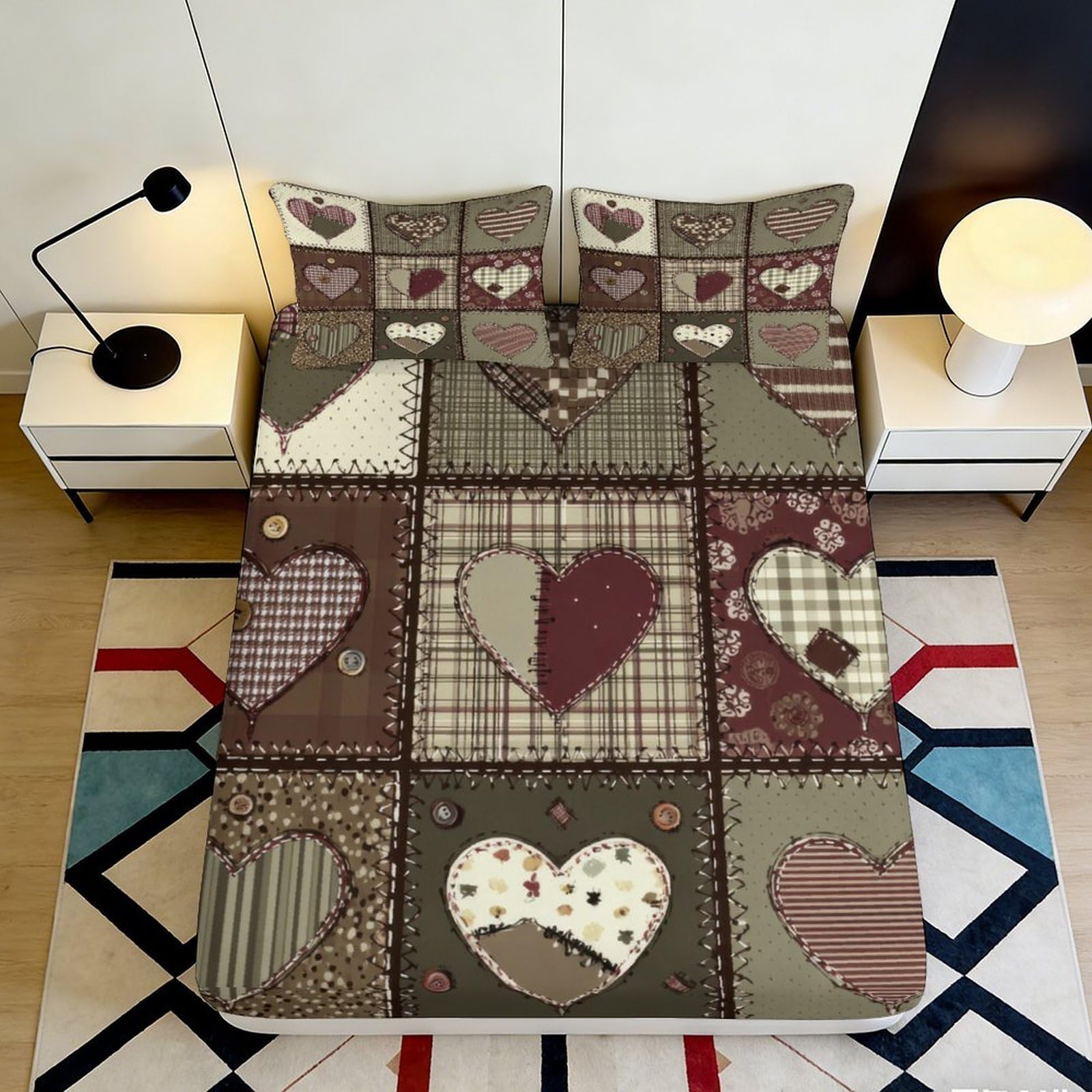 3D Printed Patchwork Heart Fitted Sheet Microfiber Soft Durable Brown Bed Cover for Bedroom Dormitory Guest Room Mattress Protection Decor 120x200x25cm