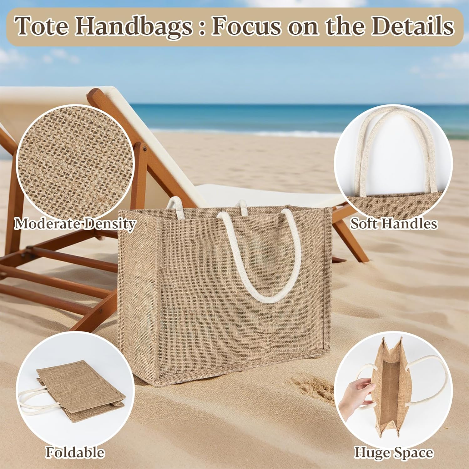 Burlap Tote Beach Bag - Jute Bags with Handles Medium Straw Beach Bag 13x9.4x4.7inch Reusable Tote for Shopping, Travel, Swim Perfect as Bridesmaid Gift, DIY Craft Bag Practical Gift Option - Image 4