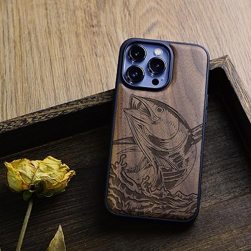 Miniatura 8 de Carveit Funda magnética de madera para iPhone 13 Pro madera natural y TPU suave negro Funda protectora de madera única a prueba de golpes compatible