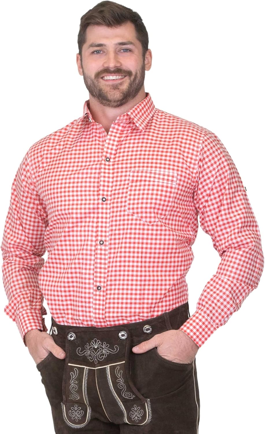 Dirndl Trachten Haus German Blue Plaid Lederhosen Longsleeve/Shortsleeve Button Down Shirt