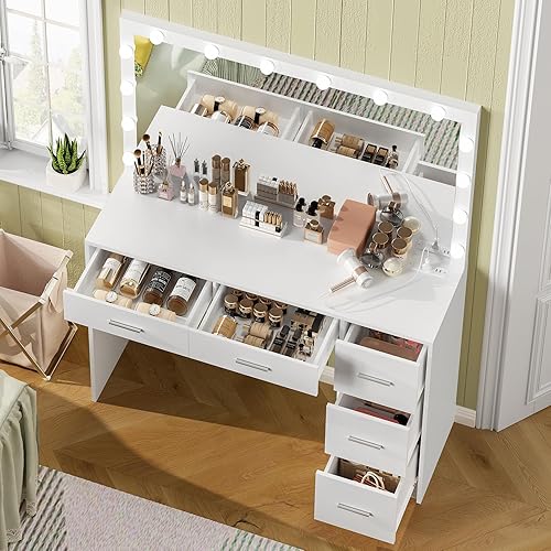 Miniatura 3 de usikey Escritorio grande de tocador de 47.2 pulgadas con espejo grande iluminado, 14 luces, mesa de tocador de maquillaje con 5 cajones grandes y