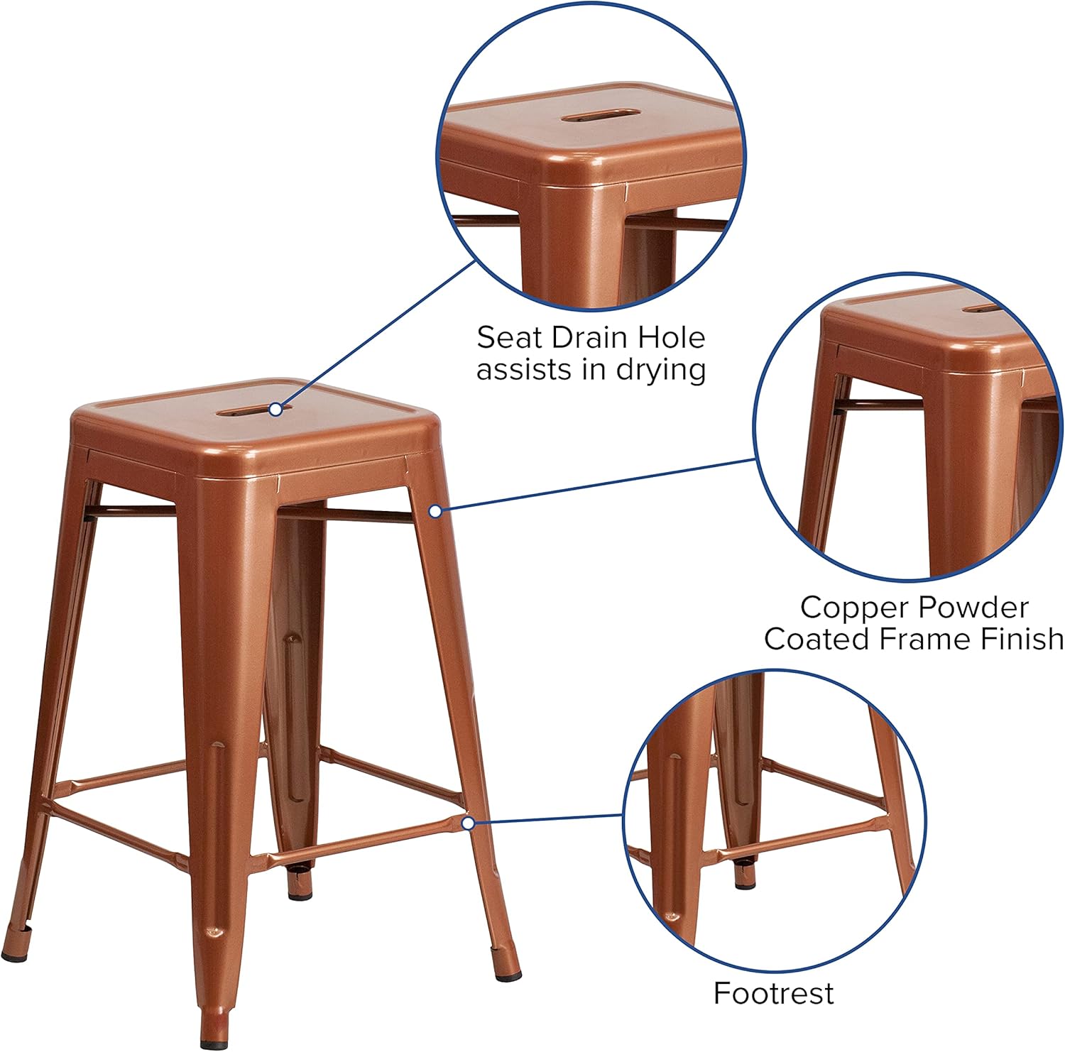 BizChair Commercial Grade 24" H Backless Copper Indoor-Outdoor Counter Height Stool