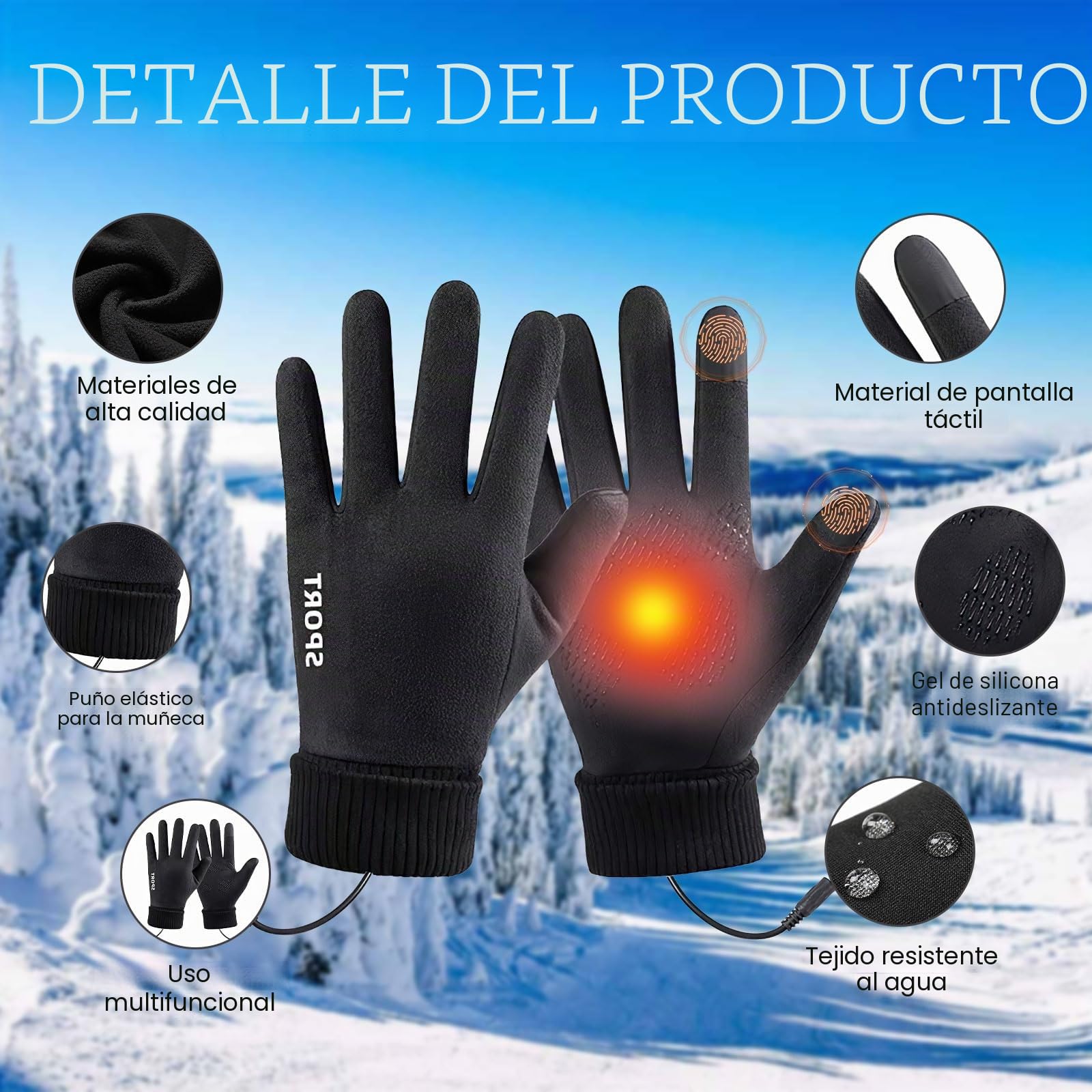 Guantes calefactables eléctricos 3 niveles de calor táctil para hombre y mujer