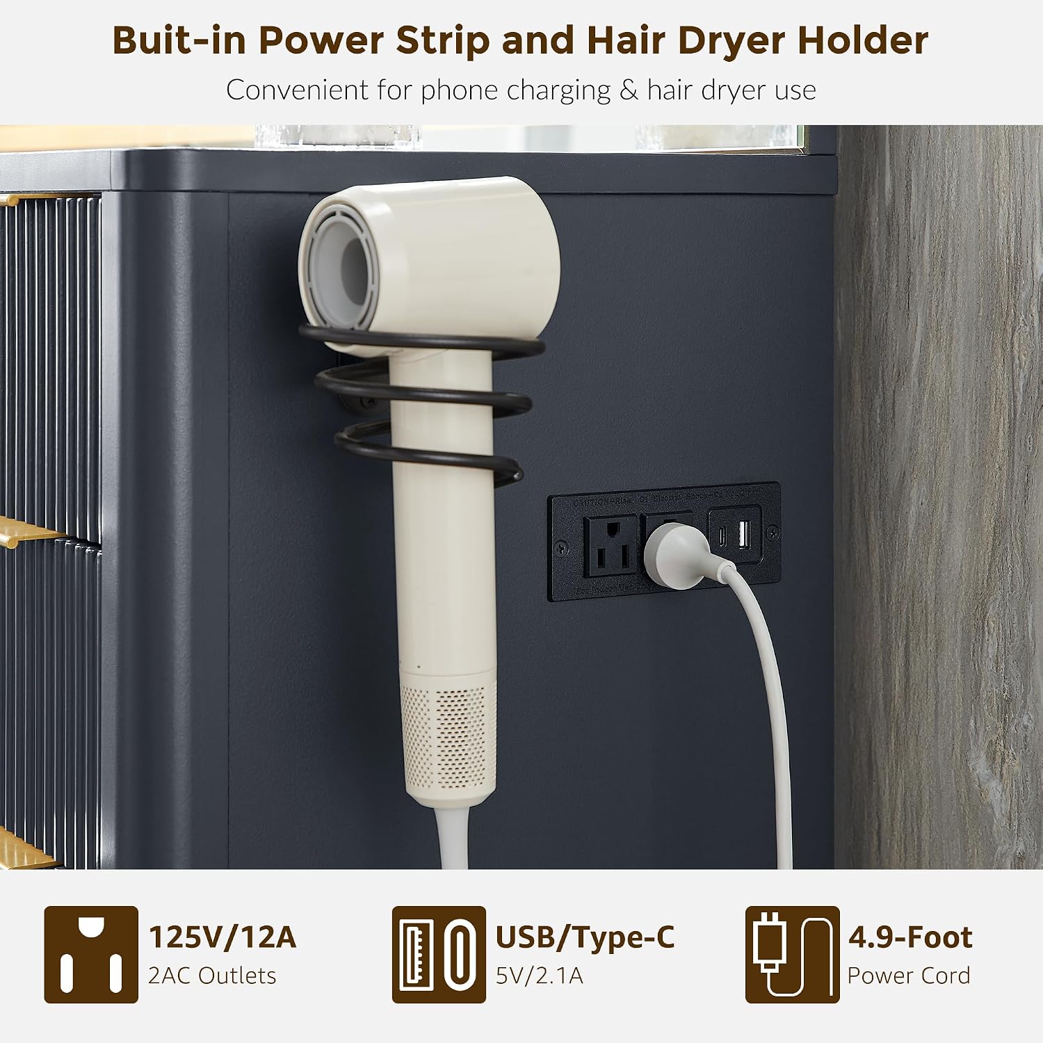 Built-in power strip with AC outlets, USB/Type-C ports, and hair dryer holder