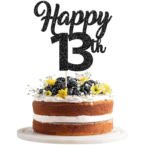 Decoración para tartas de feliz cumpleaños número 13 unidades, con purpurina negra, para decoración de tartas de 13 años, decoración de tartas de 13