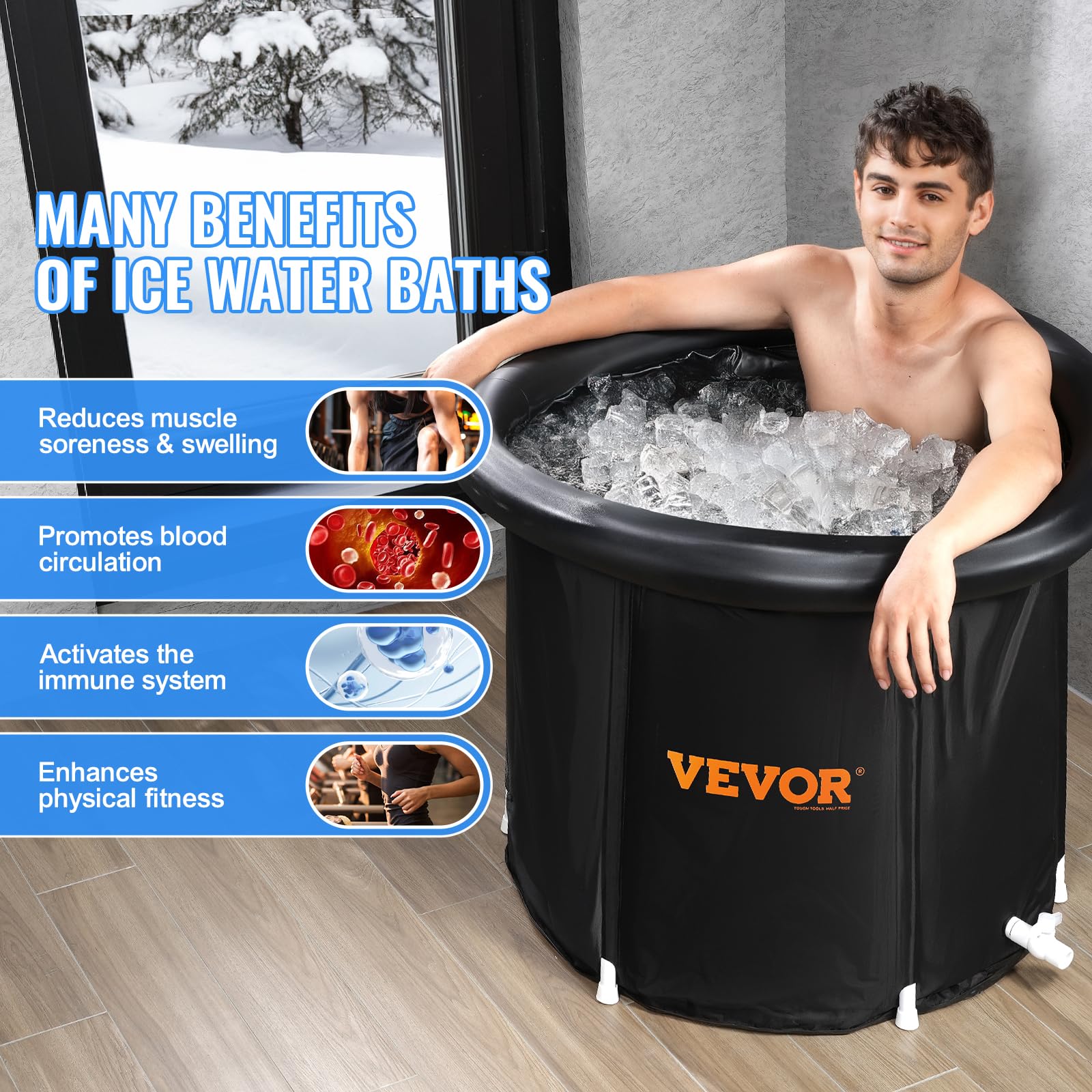 VEVOR Bañera de Hielo de 850 x 750 mm para Terapia de Agua Fría para Deportistas, Piscina de Inmersión Portátil para Exteriores con Barril de Hielo para Recuperación, 398 L con Cubierta, Negro