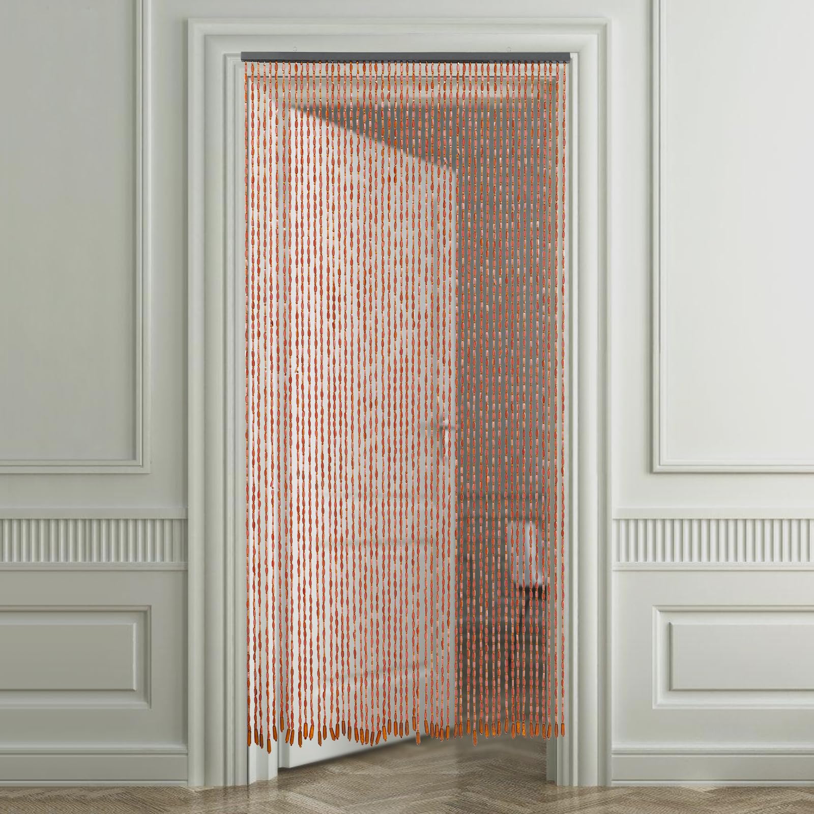 Rideau de perles en bois 90 x 200 cm - 52 brins - Style rétro - Fabriqué à la main - Naturel - Idéal comme moustiquaire pour chambre à coucher, caravane, camping (café)
