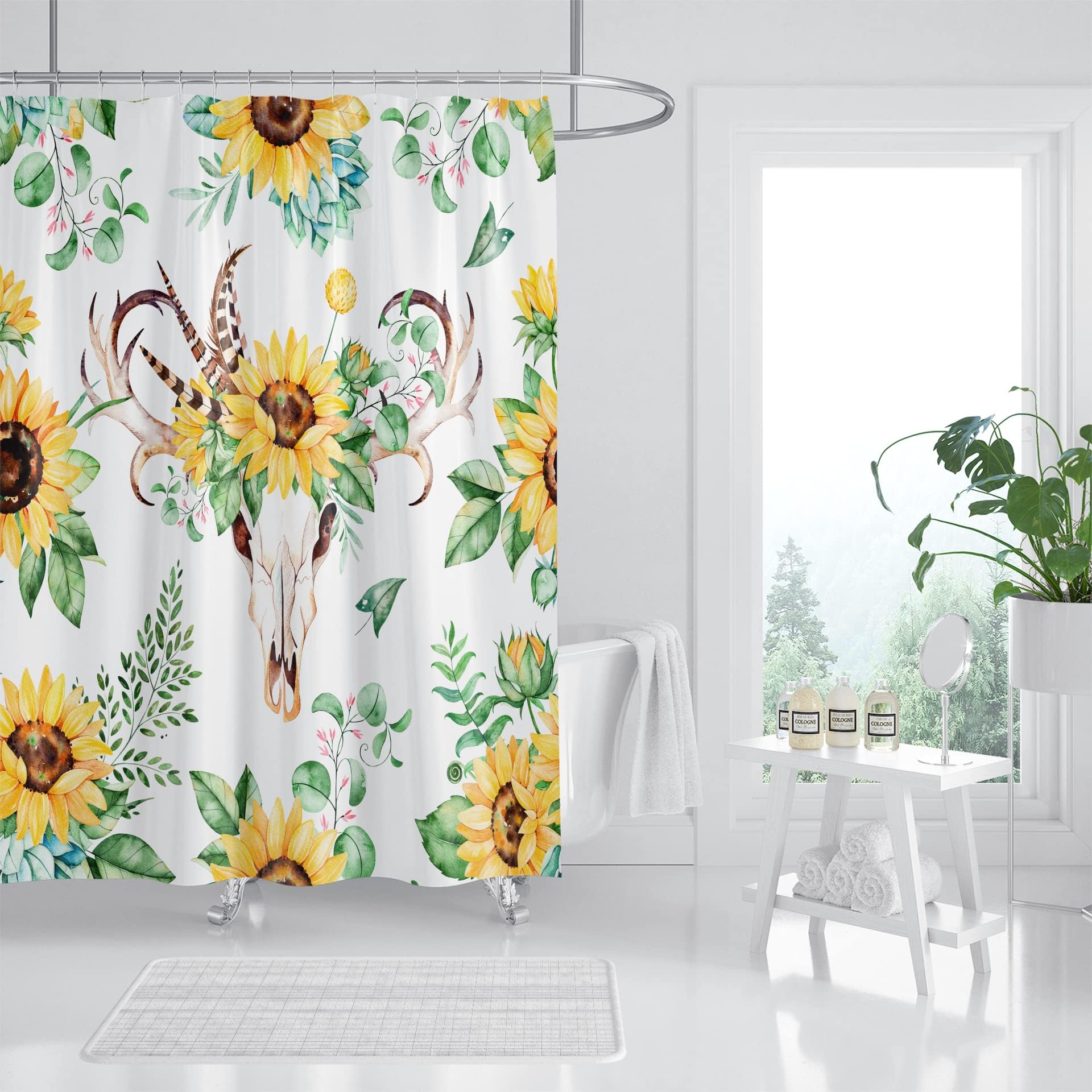 Sunflower Shower Curtain, Country Spring Yellow Sunflower Shower Curtain Set, Watercolor Farmhouse Floral Shower Curtains for Bathroom, Waterproof Fabric with 12 Hooks, 72 x 72 Inches