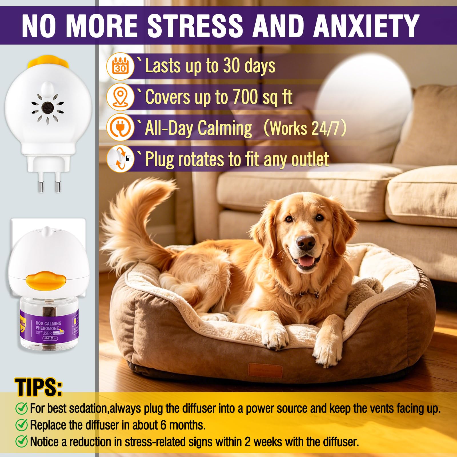 Difusor de Feromonas Relajantes para Perros,Alivio Natural de la Ansiedad,Reduce el Estrés y Favorece la Relajación,Fórmula Segura y Eficaz,3 Recambios (3 Ricariche+1 Diffusore)