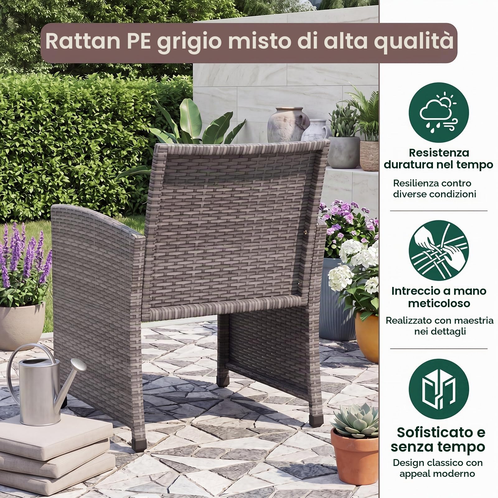 GIANTEX Set di mobili da giardino in rattan, 4 pezzi, divano a 2 posti, 2 poltrone, tavolino con ripiano in vetro, per 4 persone, tavolo e sedie per terrazza, patio (grigio)
