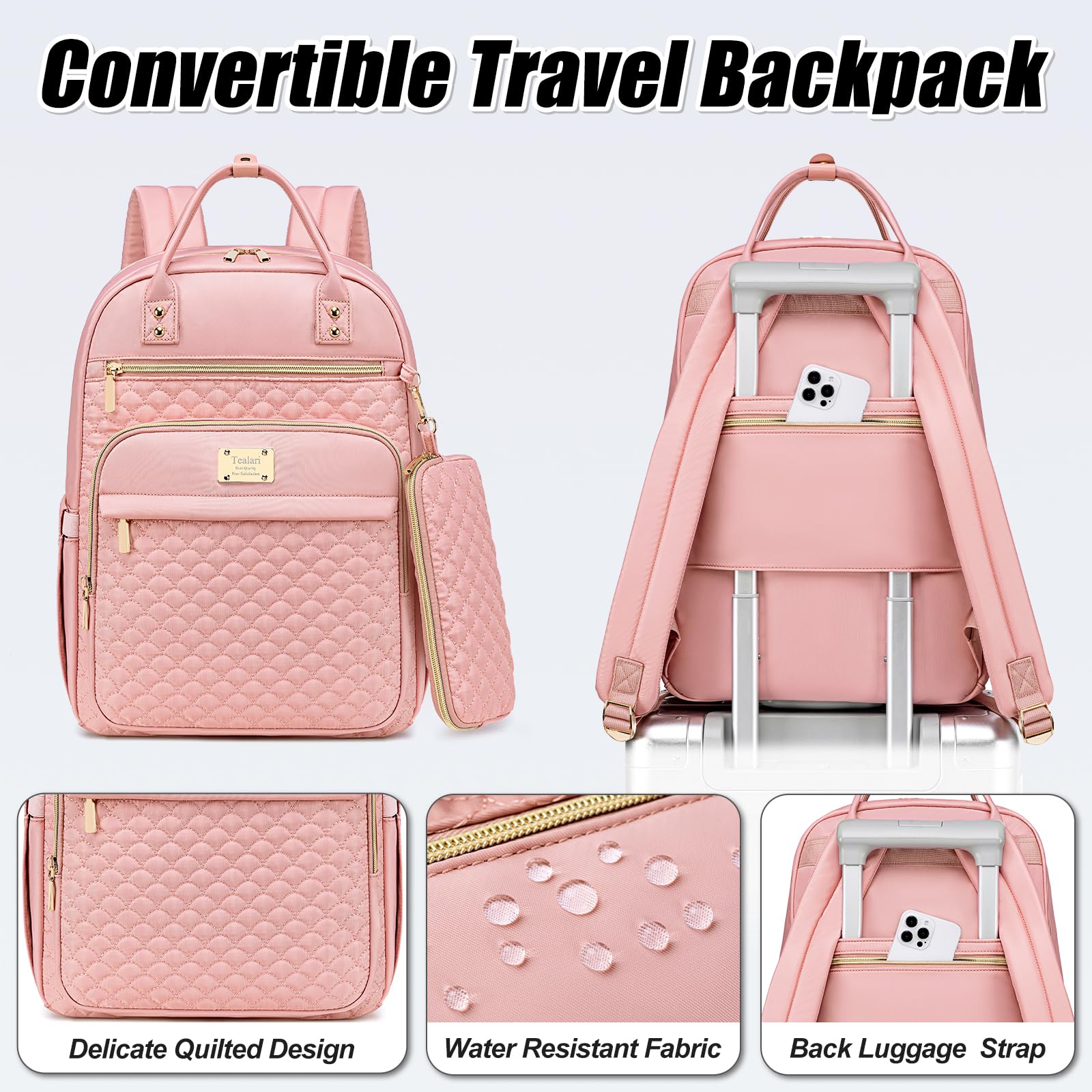 Tealari Zaino per laptop da donna, zaino per laptop da 15,6 pollici per lavoro, zaino da viaggio impermeabile, borsa per libri universitari con portafoglio