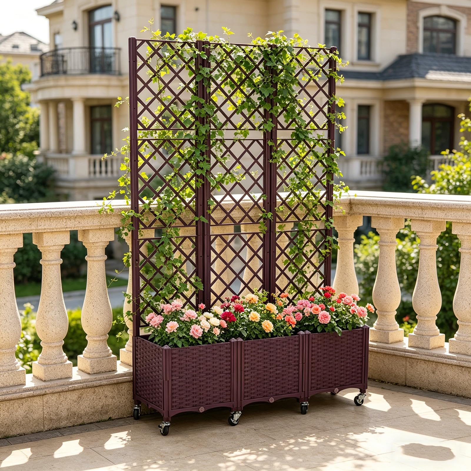 Fioriera 3 Pezzi con Traliccio, 120x40x193 cm, Vaso Fioriere alto in PP Resistente con Ruote Frenabili e fori Drenaggio, Fioriera da Balcone per Piante Rampicanti, Giardino Terrazza, Marrone