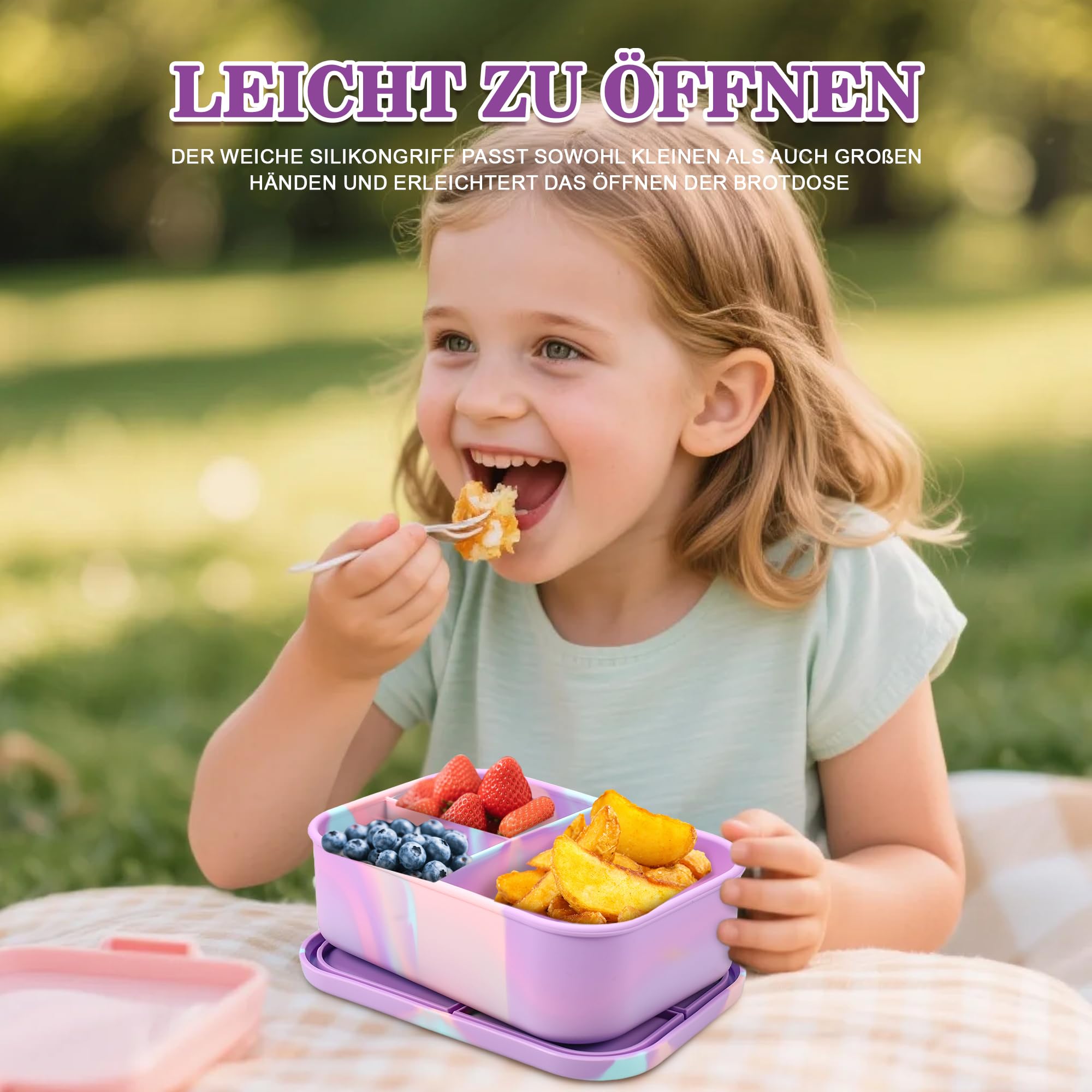 Silikonowe pudełko śniadaniowe dla dzieci z przegródkami, 1200 ml, odporne na pęknięcia i szczelne, dla dziewcząt i chłopców, nie zawiera BPA, do szkoły, na piknik, fioletowe