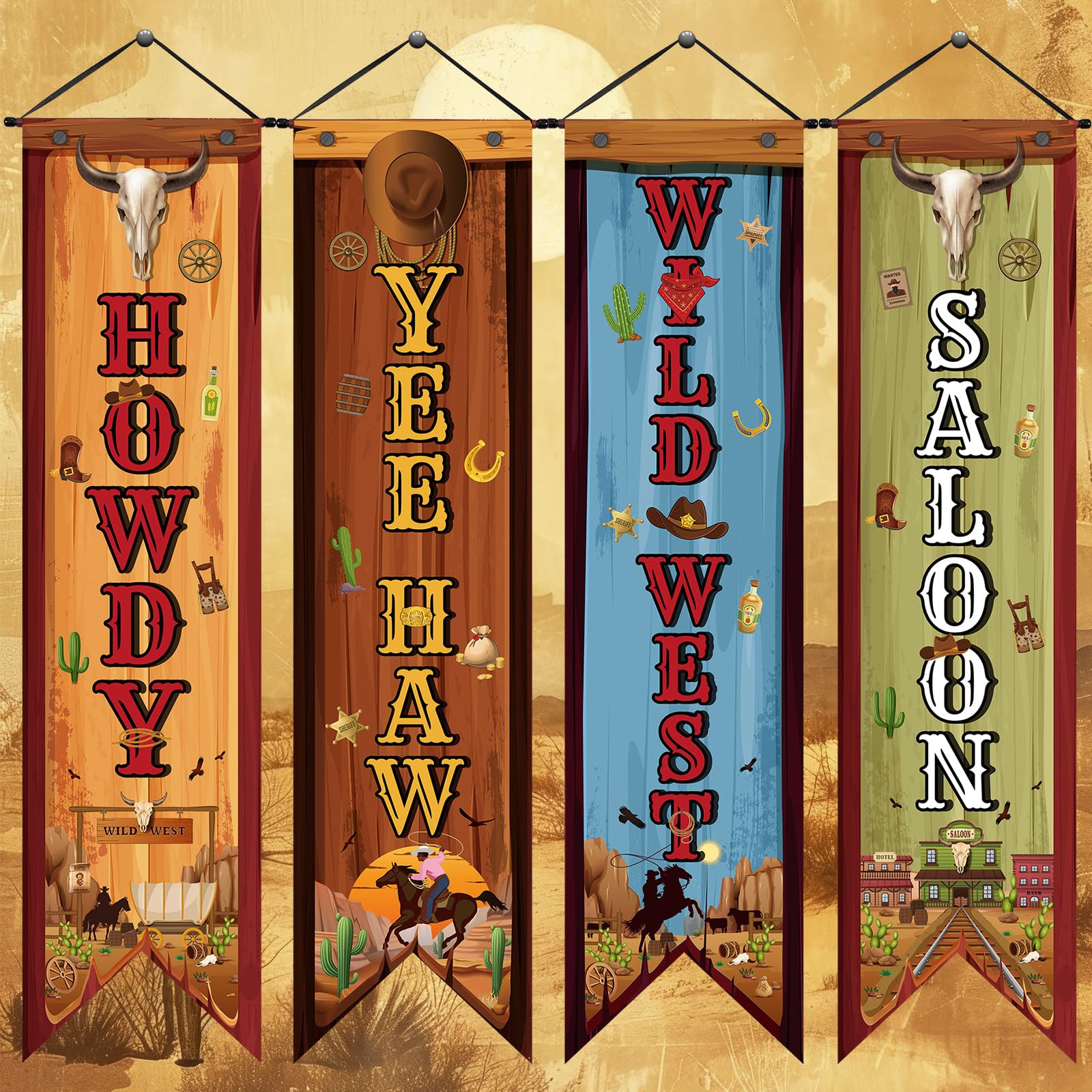 Chiisong 4 Western Party Decorations Cowboy Banners Wild West Hanging Decor Howdy Yes Haw Porch Sign Backdrops for Indoor Outdoor Cowboy Birthday Photo Props Wedding Party Supplies (Wild)