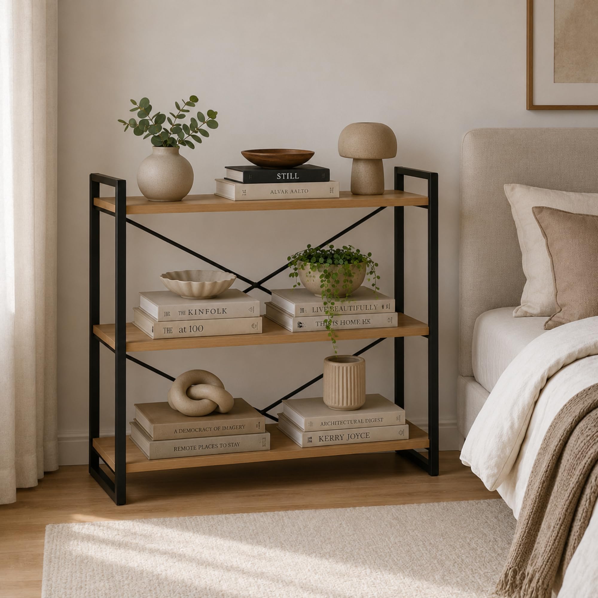 MAKA Scaffale con Struttura in Metallo Soggiorno, Libreria Bassa con 3 Ripiani in Legno, Scaffalatura Bassa Moderna per Bagno, Cucina, Camera da Letto, Facile da Montare, 80x33x66 cm (3 Ripiani)