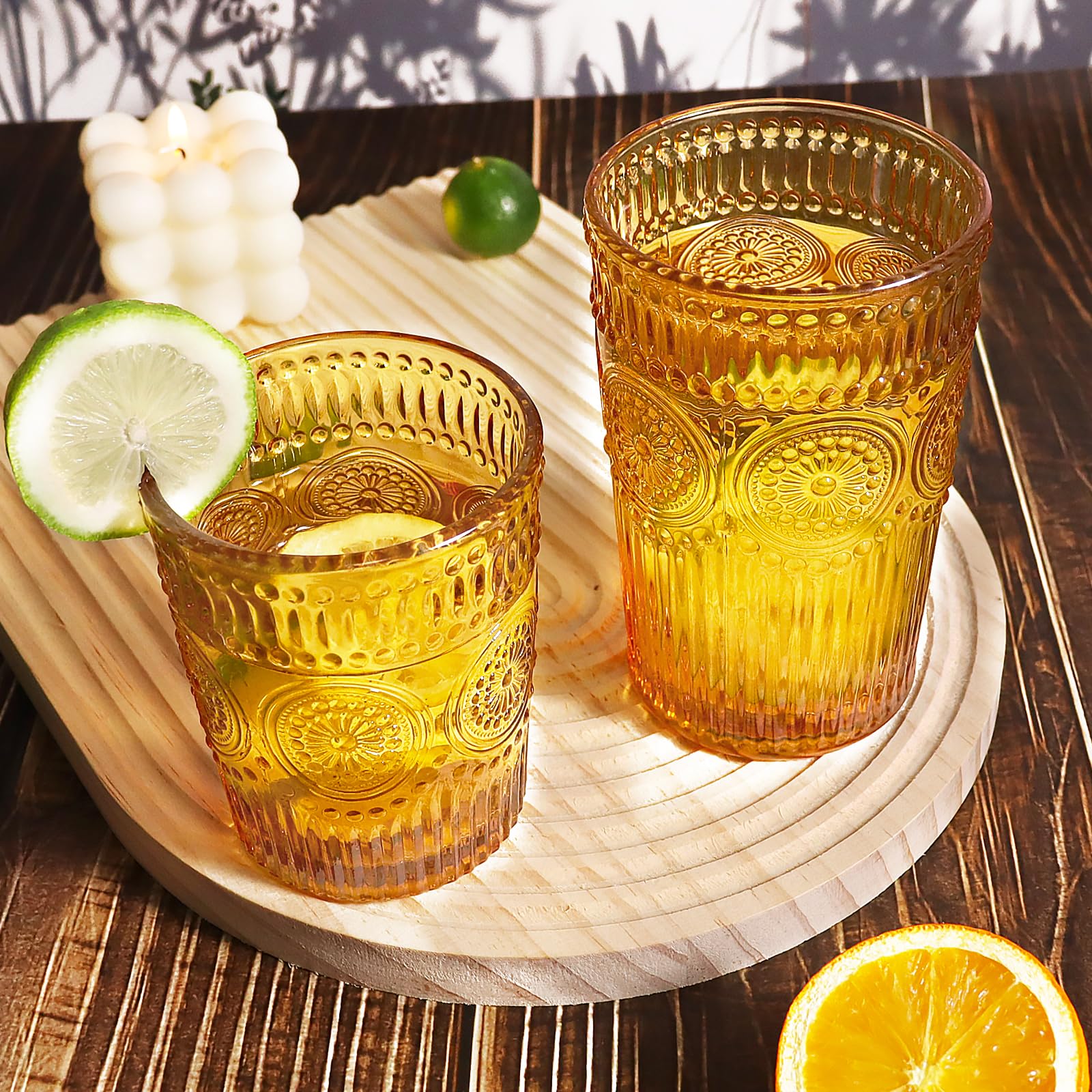 Loivttvv Juego de 12 vasos vintage para beber, vasos altos de 12 onzas y vasos de cristalería acanalados en relieve de 9 onzas para cóctel de Acción de Gracias, jugo, café, whisky (ámbar)