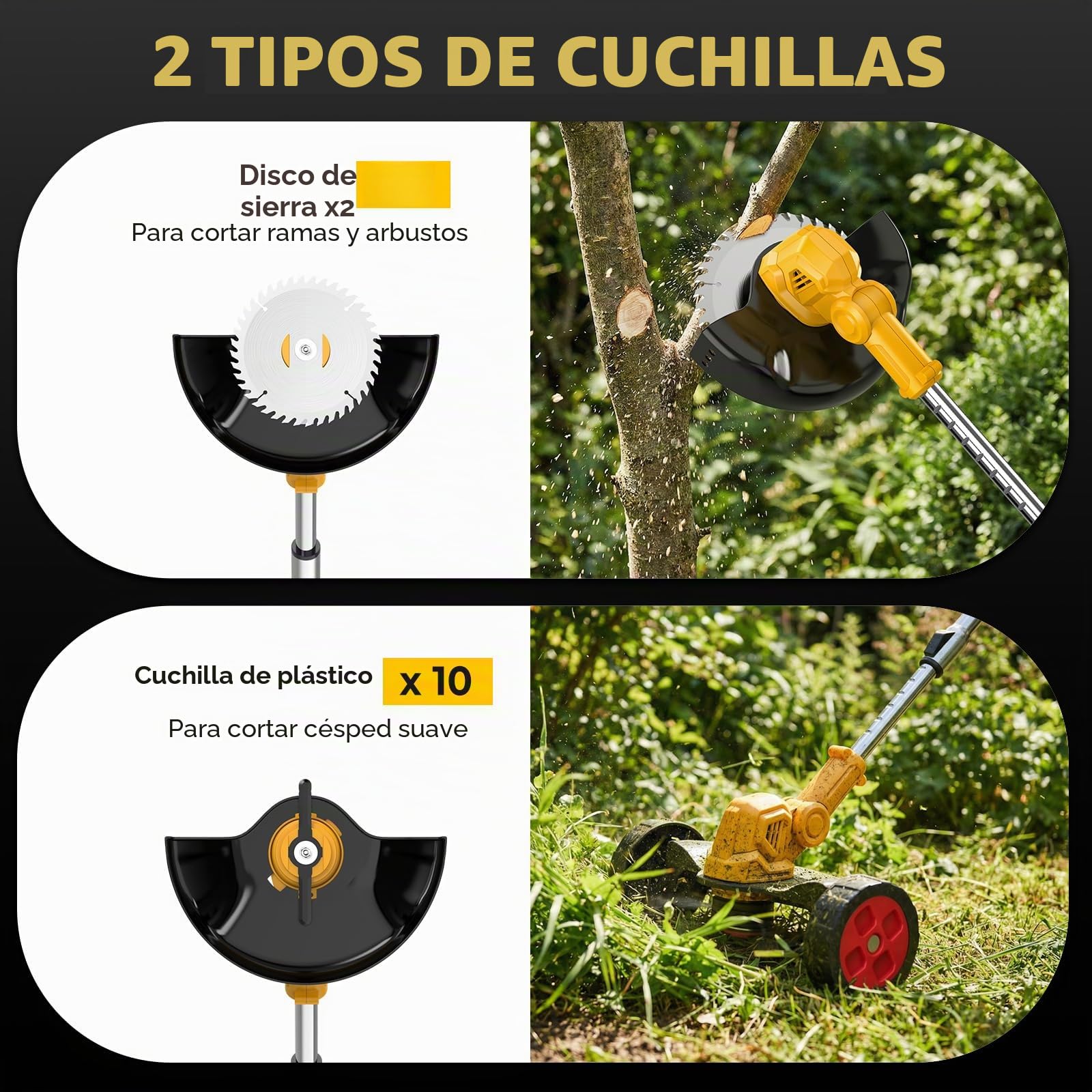 Desbrozadora Batería Plegable 21V, Cortadora de Césped Eléctrica 3 en 1 con 2 baterías, Ruedas, 12 Cuchillas, Cabezal 90°, Altura Ajustable para Jardín y Césped