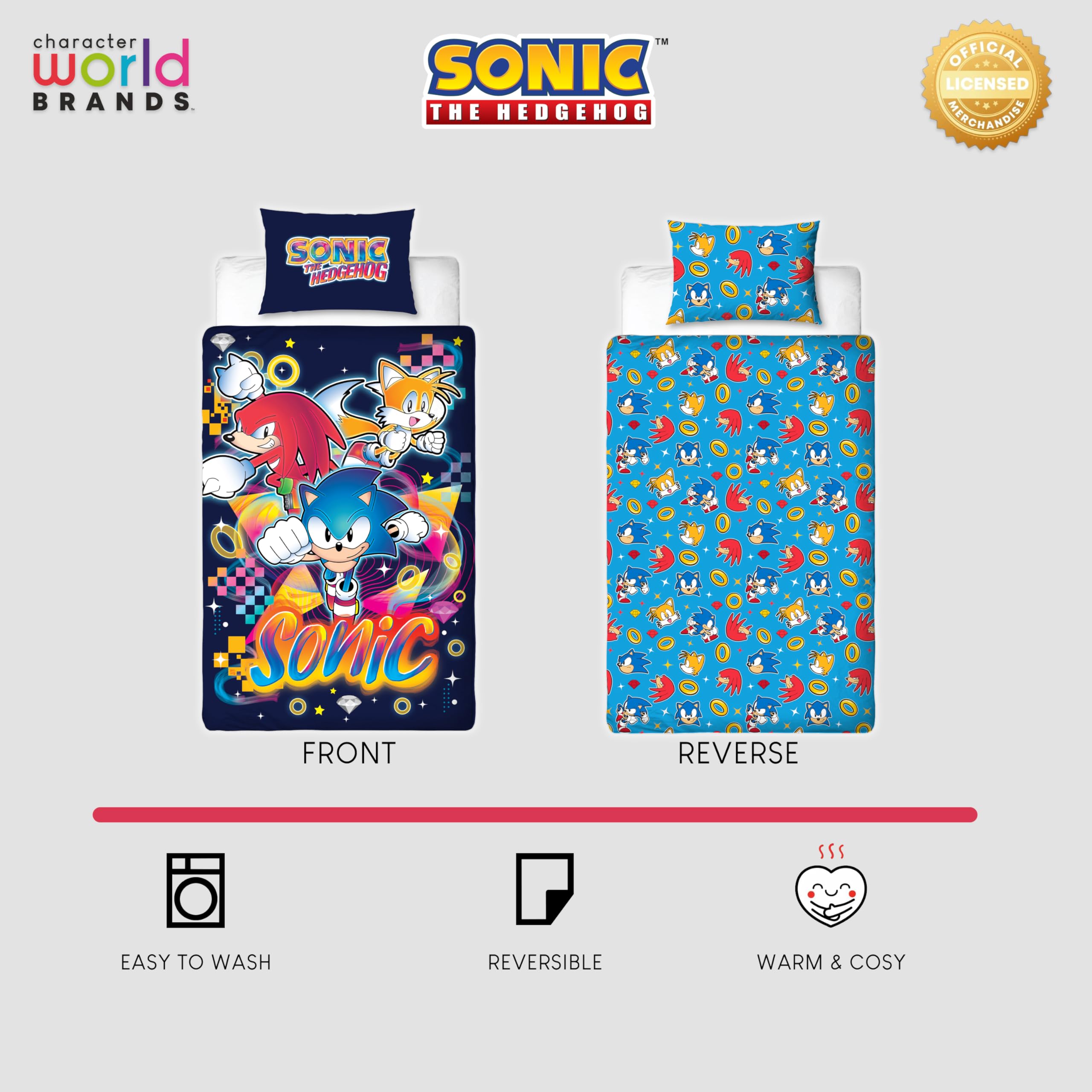 Set copripiumino singolo con licenza ufficiale Sonic the Hedgehog, double-face, double-face, con code e nocche, con federa coordinata, perfetto per la camera dei bambini