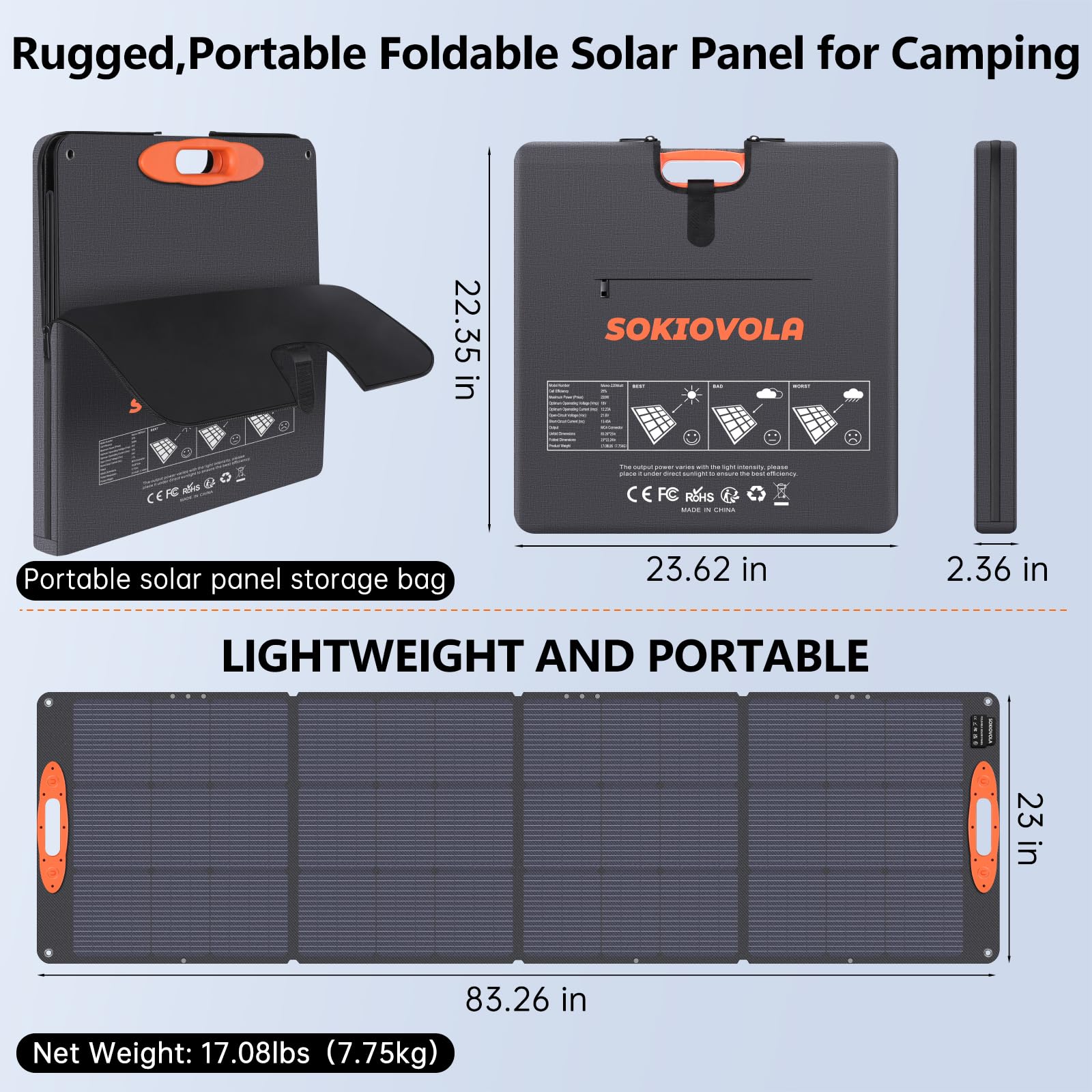SOKIOVOLA Panel solar portátil N-Type 16BB 220W, IP68 impermeable 18 V, panel solar plegable de alta eficiencia del 25 % de eficiencia al aire libre, camping RV