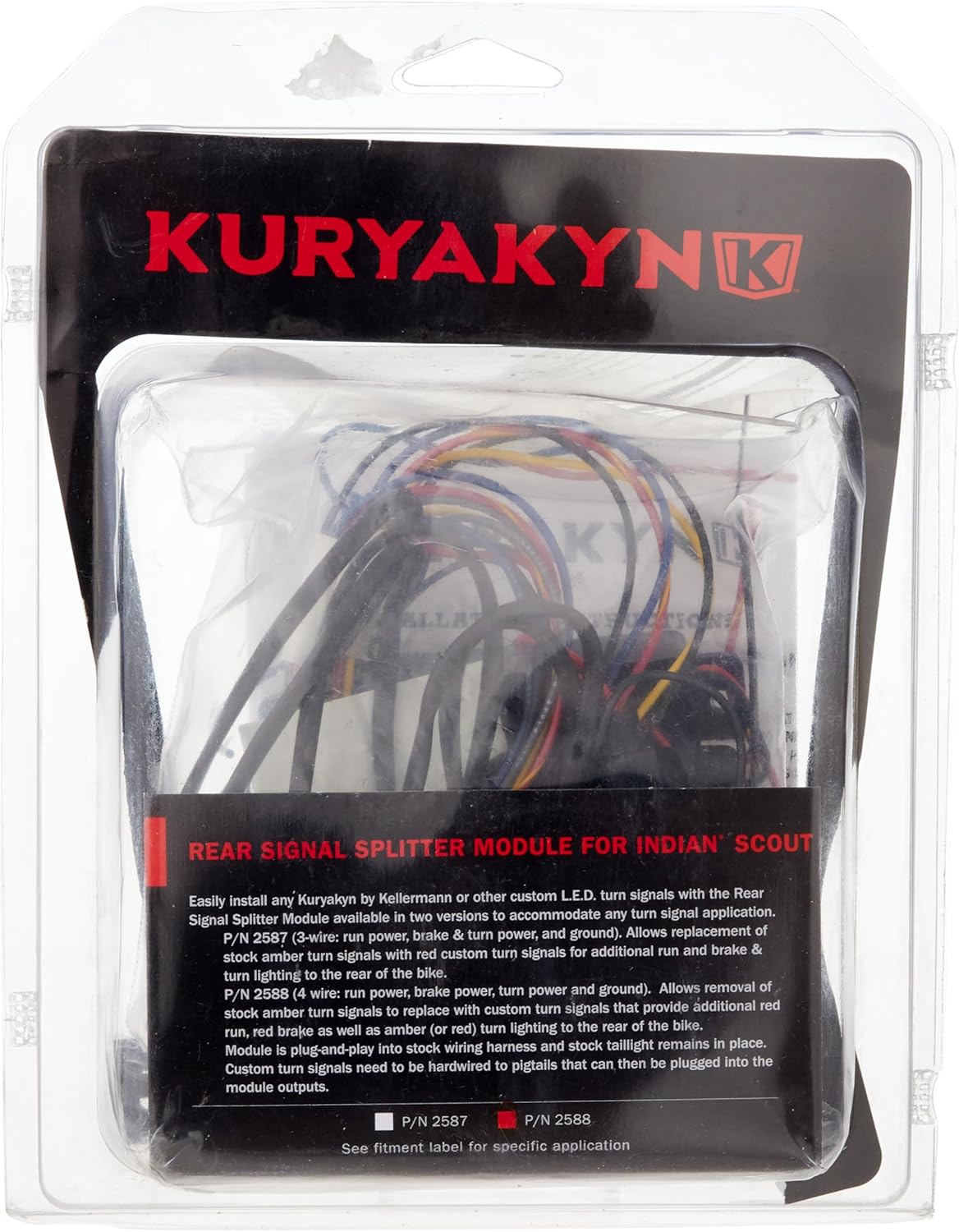 Kuryakyn 2588 Motorcycle Lighting Component: Rear LED Turn Signal Splitter Module for 2015-2019 Indian Scout, 4-Wire, black