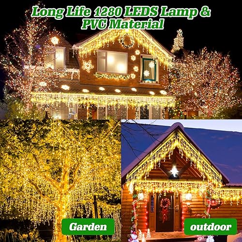 Miniatura 4 de Vohuf 1280 luces LED de carámbano de Navidad al aire libre para decoraciones de Navidad, interiores y exteriores, fiesta de boda, vacaciones (blanco