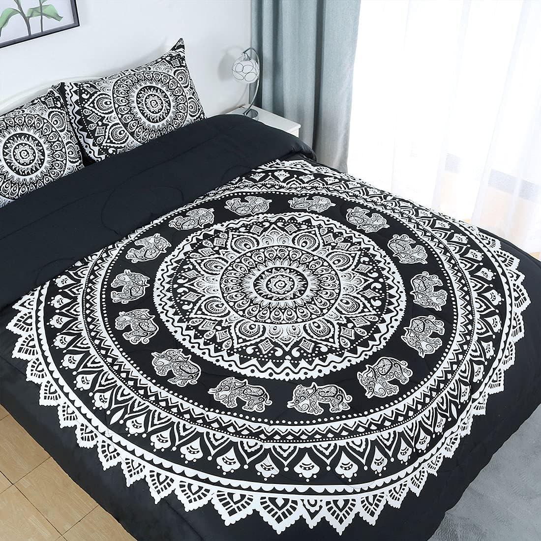 uxcell 3-Piece Bohemian Black Comforter Sets - 3D Printed Bohemia Themed - All-Season Down Quilted Duvet - Reversible Design - Includes 1 Comforter, 2 Pillow Cases Queen