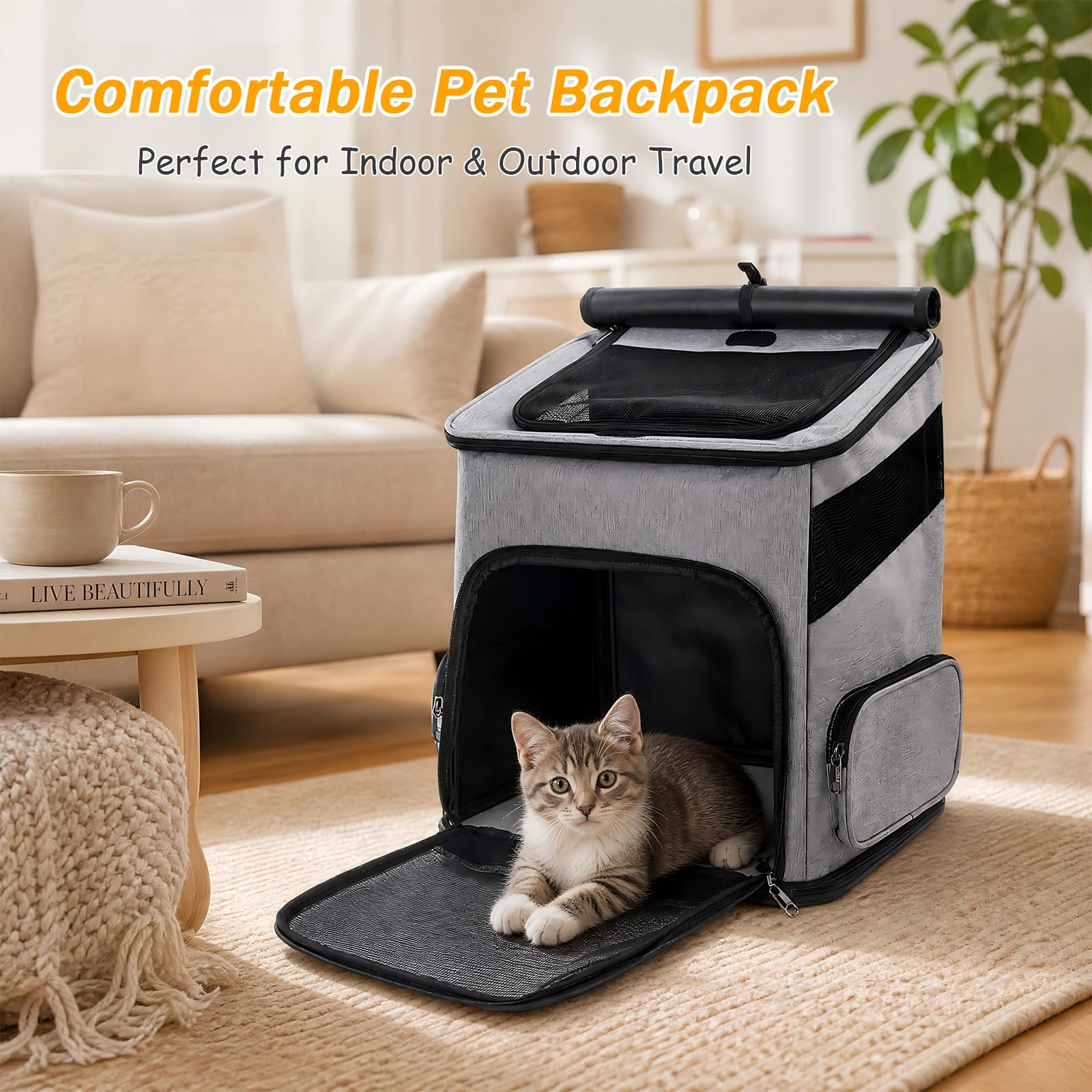Katzenrucksack, Faltbarer Haustier-Tragerucksack für Katzen und kleine Hunde, Hunderucksack mit belüftetem Design Innensicherheitsgurt, Welpentragetasche für Wandern, Reisen, Outdoor (Grau, M)