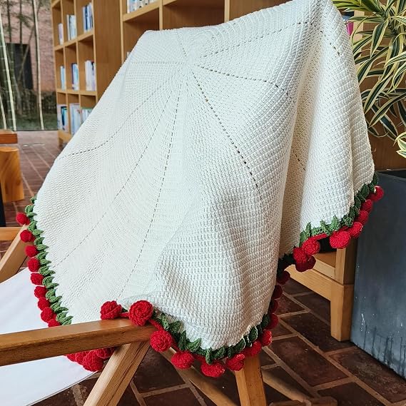 Flower Bouquet Blanket, Finished Rose Bouquet Crochet Blanket Handmade Flowers Blanket Made of Crochet Roses Bouquet Blanket Romantic Gift (Rose, 60 cm)