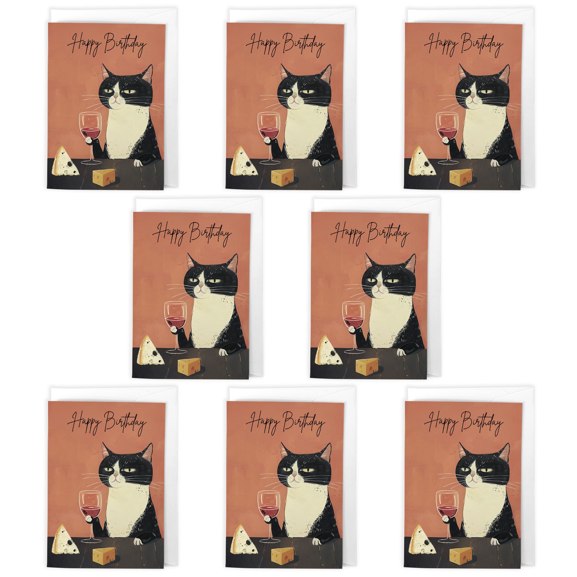 Artery8 Cat & Wine Birthday Cards – Pack of 8 A6 Cards with Envelopes – Whimsical Black & White Cat with Red Wine and Cheese – Ideal for Cat Lovers & Foodies – Blank Inside for Personal Message