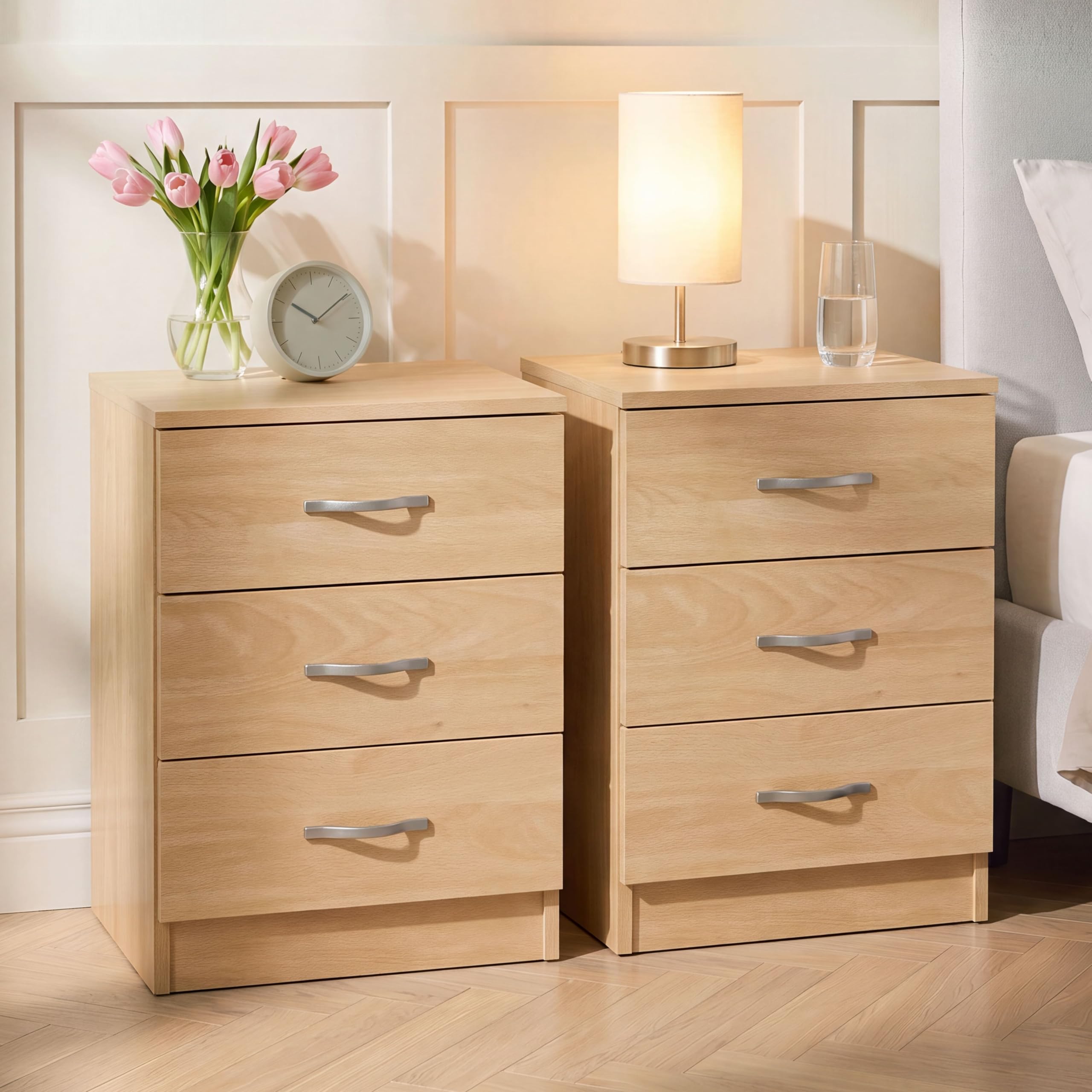Vida Designs Riano 3 Drawer Bedside Chest Set of 2 | Pine | Space-Saving Nightstands | 56H x 40W x 36D cm | Engineered Wood | Anti-Bowing Drawer Support | Ideal for Bedroom & Guest Room