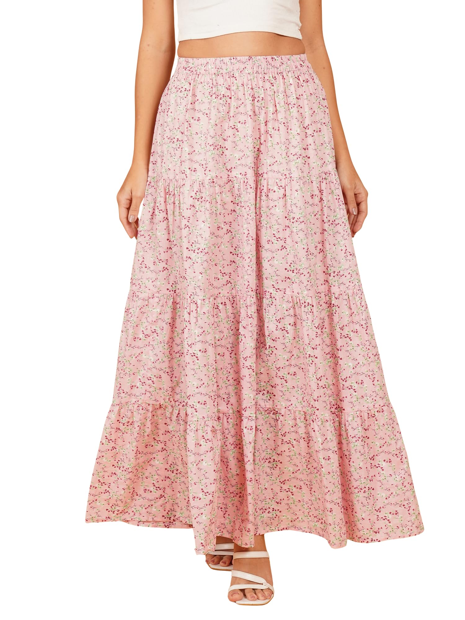 Pure Cotton Printed Tiered Maxi Skirt, Pink Floral Tribal Pattern, High Rise, Ankle Length, Drawstring Closure-picture-41