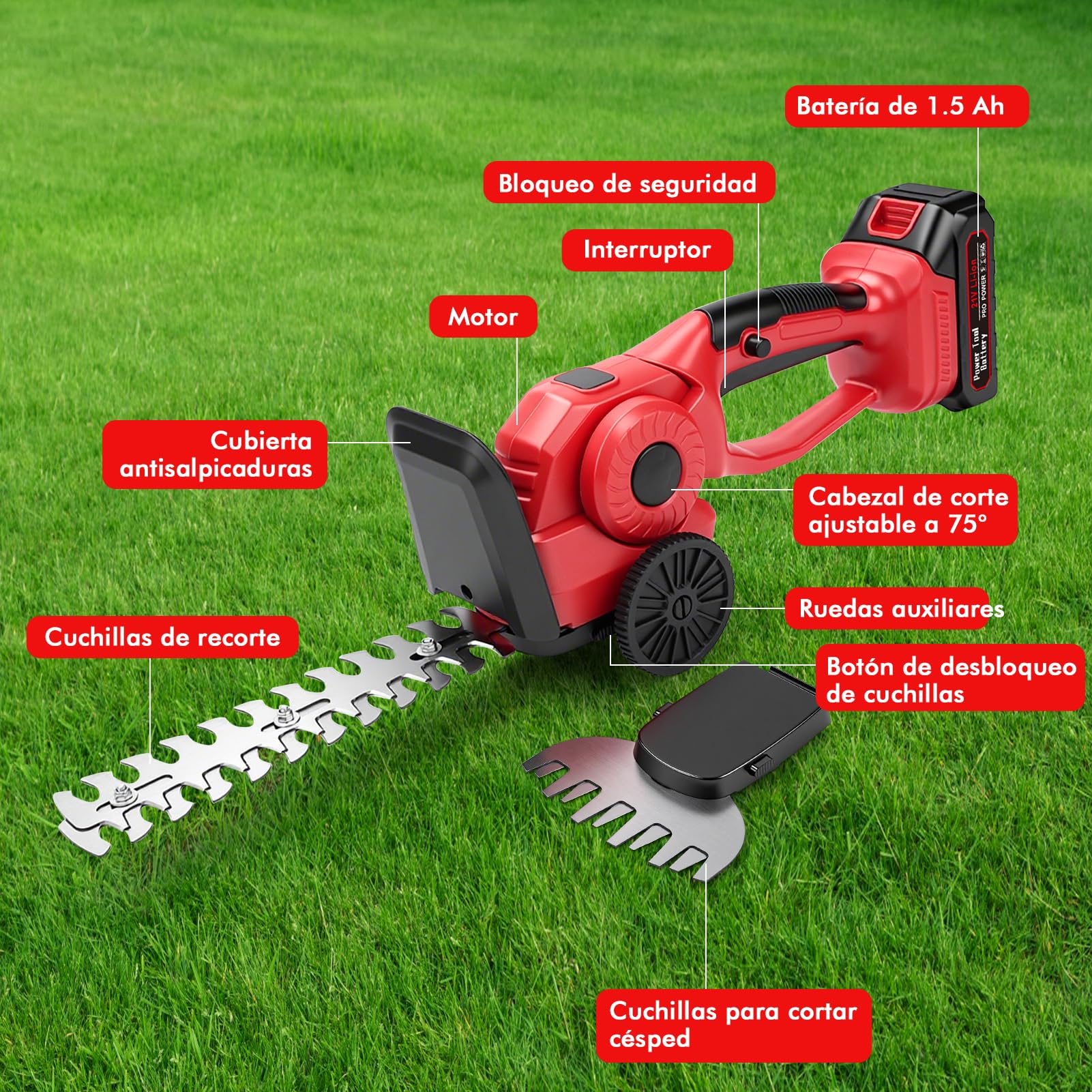 Cortasetos a batería 21 V 2 en 1, Cuchillas 220/135 mm, 2 baterías 1,5 Ah | Tijeras cortacésped con motor de cobre de 550 W, acero al manganeso y cargador europeo para jardín, setos, arbustos y césped