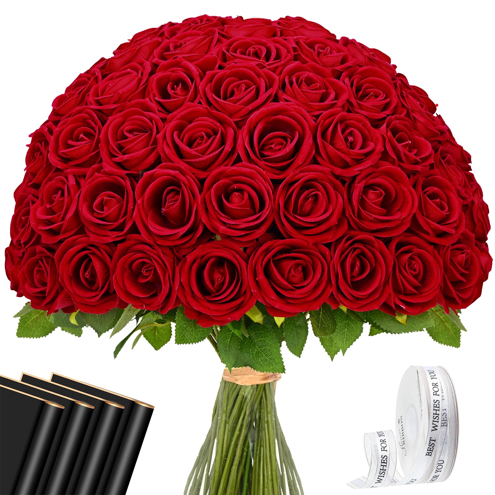 Waipfaru Red Roses Artificial Flowers Bulk, Real Touch Velvet Roses with Wrapping Paper, 50 Pcs