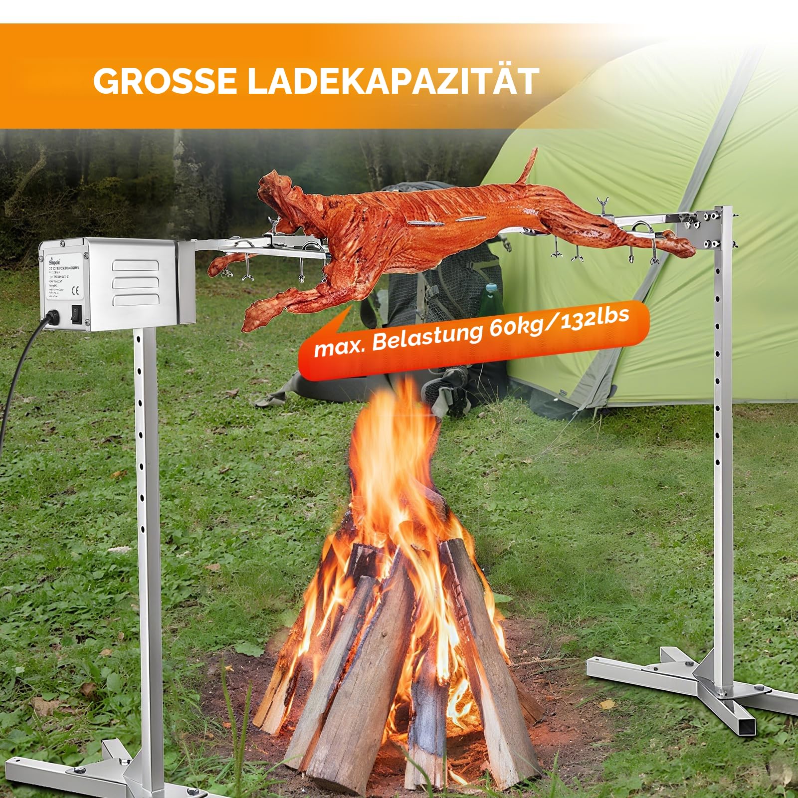 15W SP-S40 60KG/132LBS Edelstahl BBQ Grill Zubehör 2.7 RPM Bräter Elektromotor Ziegenschwein Huhn BBQ Spieß Rotisserie Roaster Grill