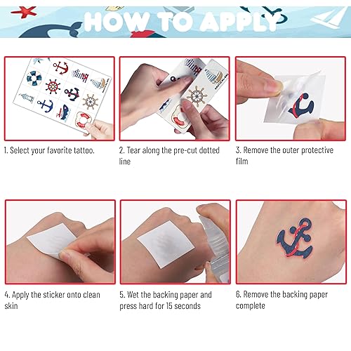 Miniatura 5 de 8 hojas (96 piezas) de tatuajes temporales náuticos temáticos de fiesta de cumpleaños, suministros de decoración de recuerdos para niños y niñas,