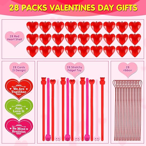 Miniatura 2 de Tarjetas del día de San Valentín para la escuela de niños, paquete de 28 cuerdas elásticas, juguetes sensoriales para ansiedad, color rosa,