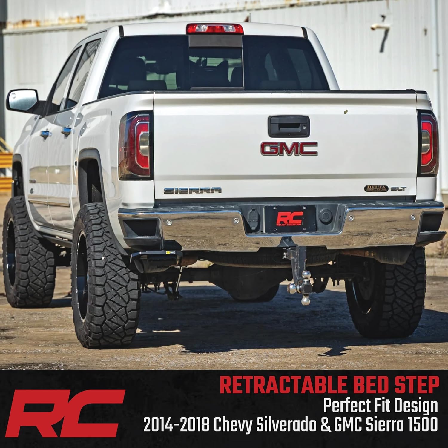 Rough Country Retractable Bed Step for Chevy Silverado & GMC Sierra 1500 (2014-2018) - Manual Pull Tailgate Non-Slip Truck Step
