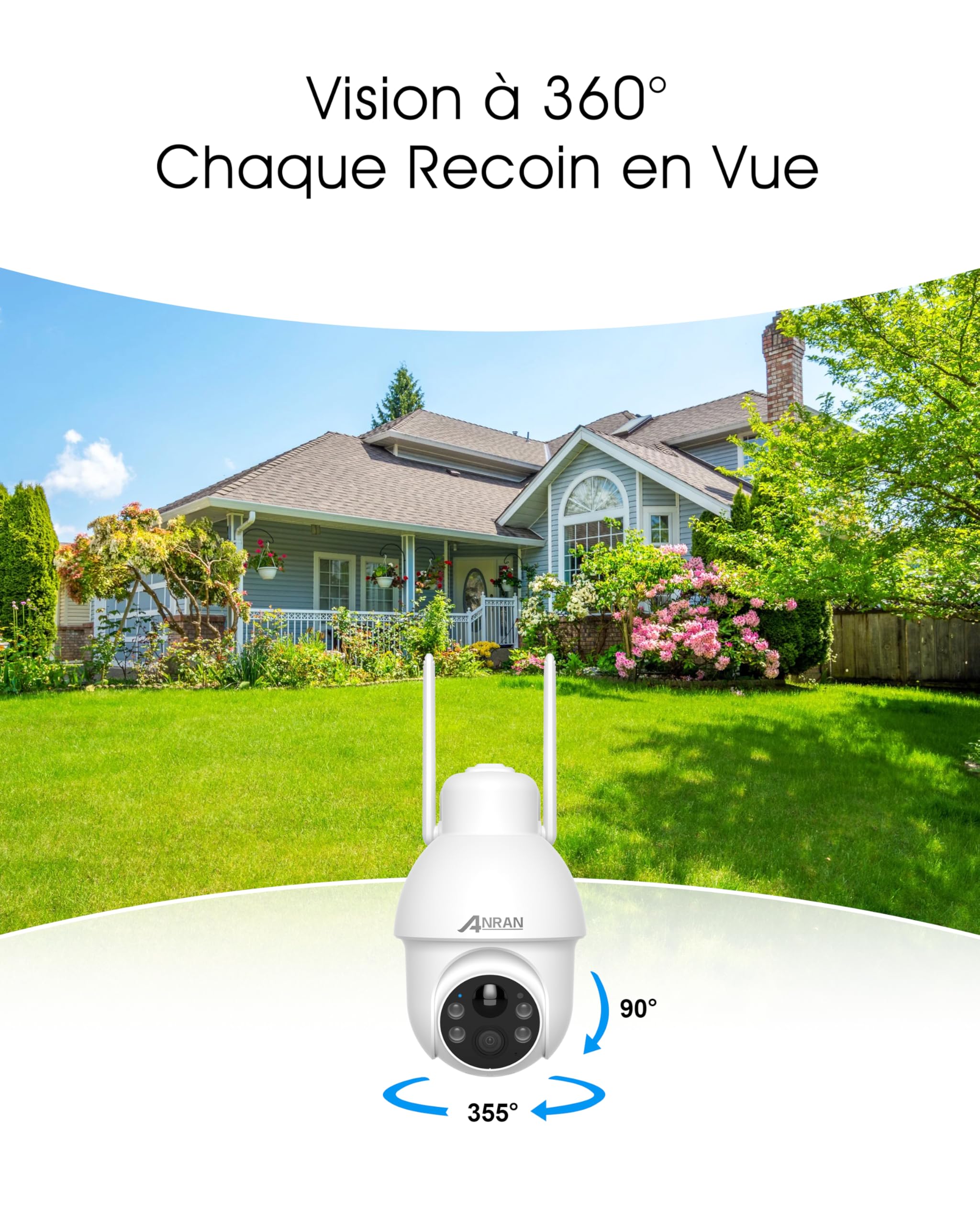 ANRAN 5MP PTZ Caméra Surveillance WiFi Exterieure sans Fil Solaire, Vision Nocturne Couleur 30m avec 4 Lumières Blanches, HD 2560 x 1920 Détection de Mouvement sur Audio Bidirectionnel, Q03 Max Blanc