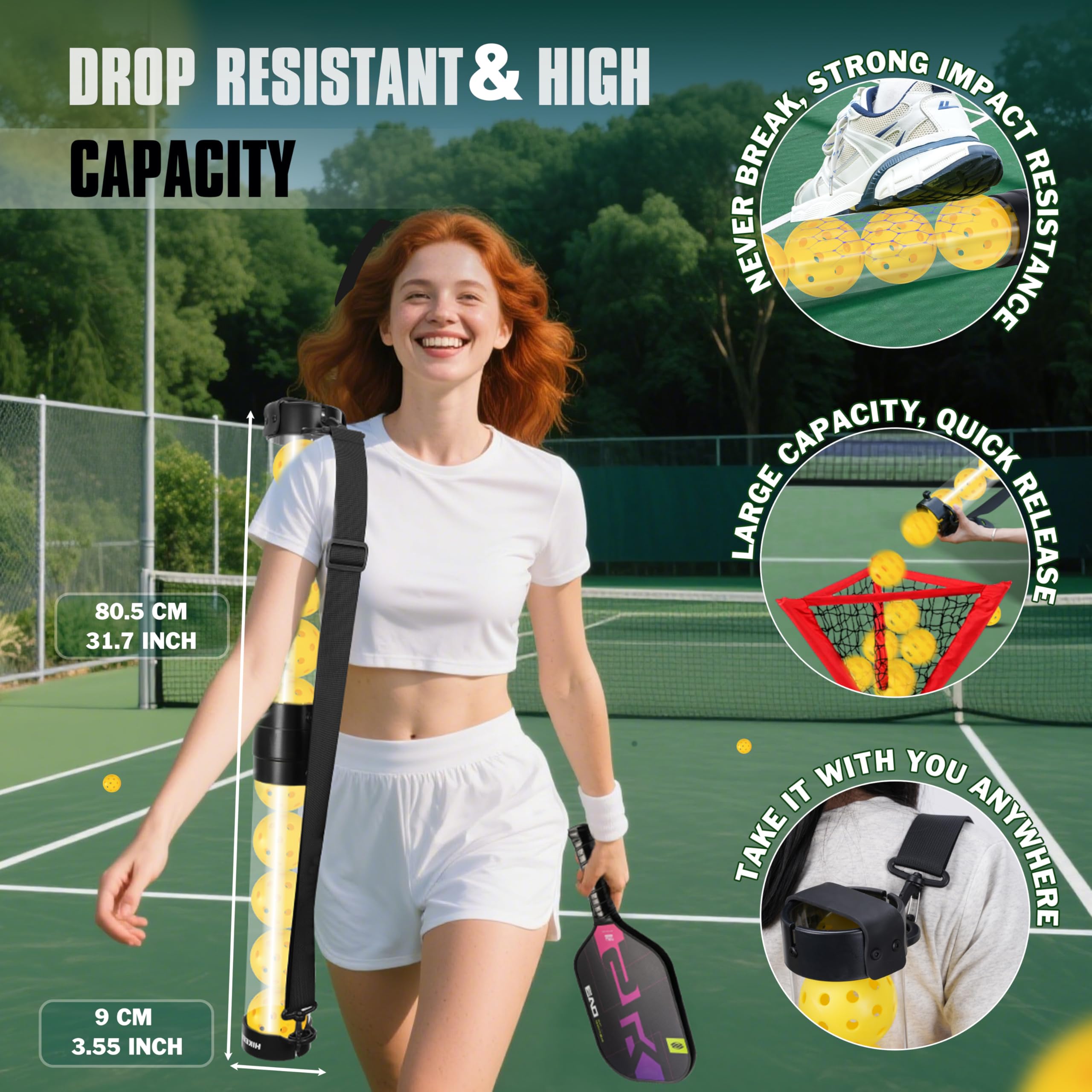 Hikeen Tubo Recuperador Pickleball con 5 Pickleballs, Pickleball Set Portátil con Correa Ajustable para Entrenamiento Pickleball, Accesorios Pickleball para Transportar y Almacenar