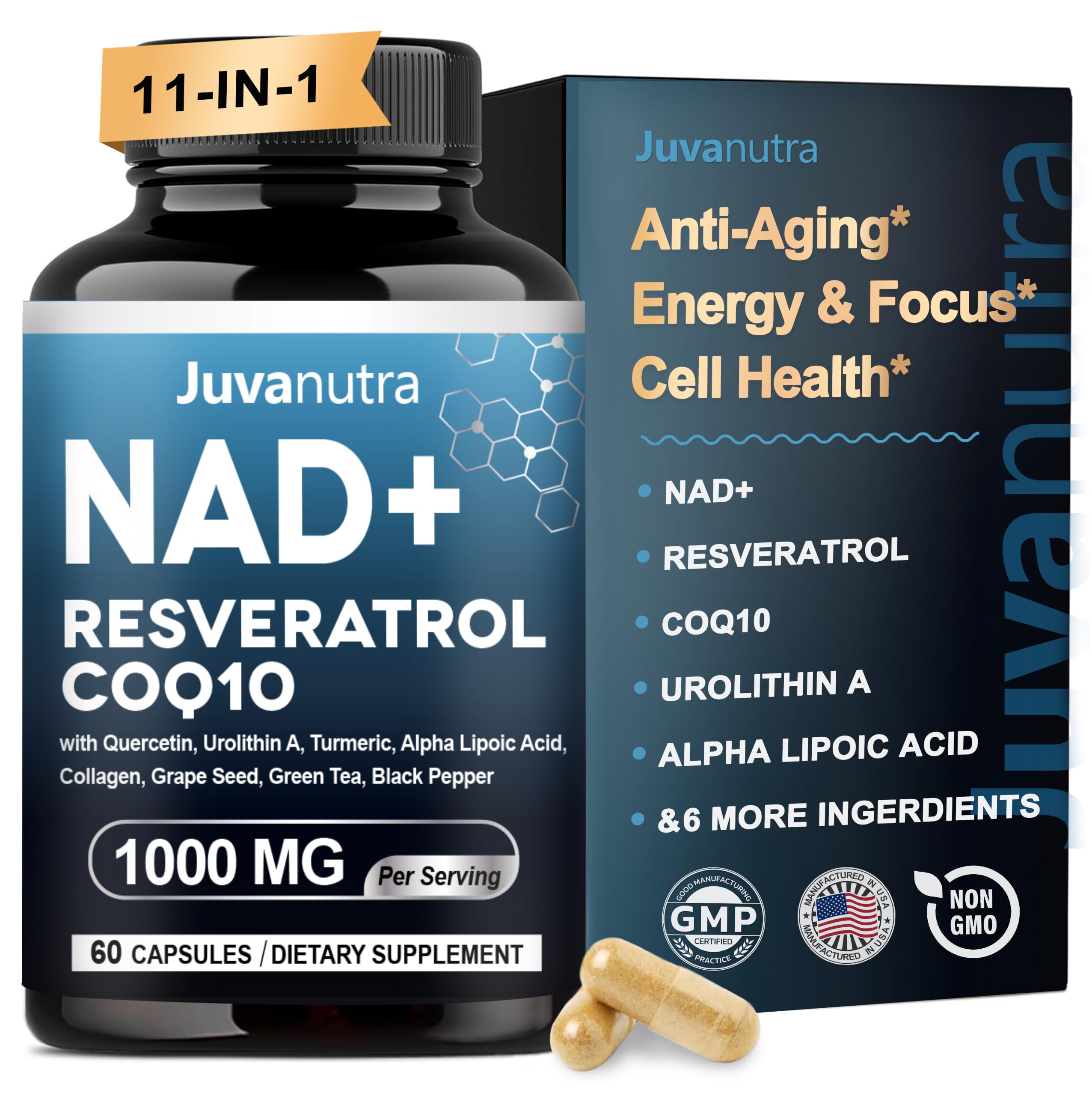 NAD Supplement 11-in-1 Extra Strength | Liposomal NAD with Resveratrol, CoQ10, ALA & Turmeric | Supports Anti-Aging, Cellular Repair, Energy & Focus | for Women & Men | 60 Capsules