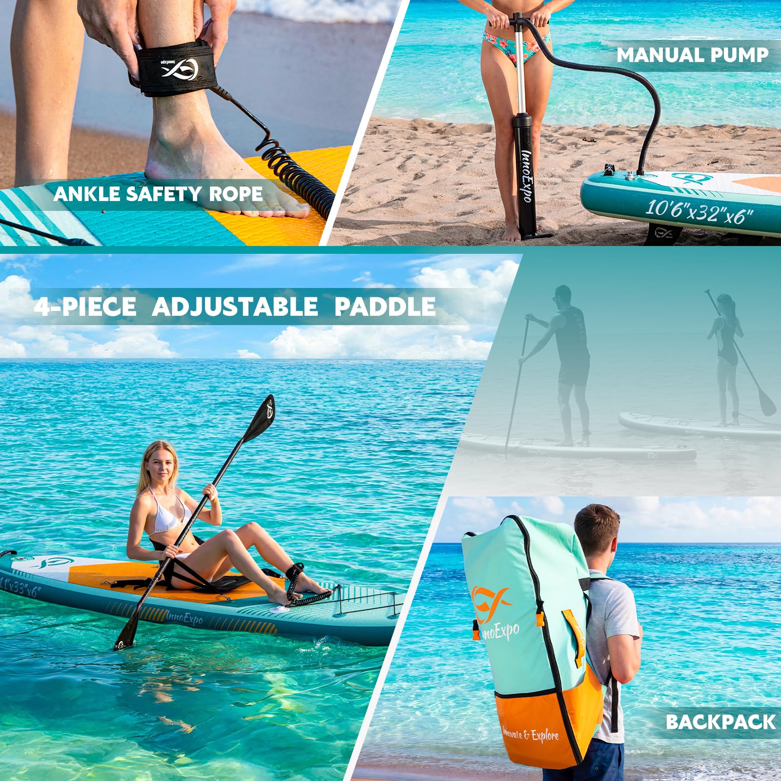 InnoExpo Aufblasbare Stand-Up-Paddle-Boards mit Premium-Zubehör, breites, stabiles SUP-Paddelboard-Design, rutschfestes Komfort-Deck für Jugendliche und Erwachsene