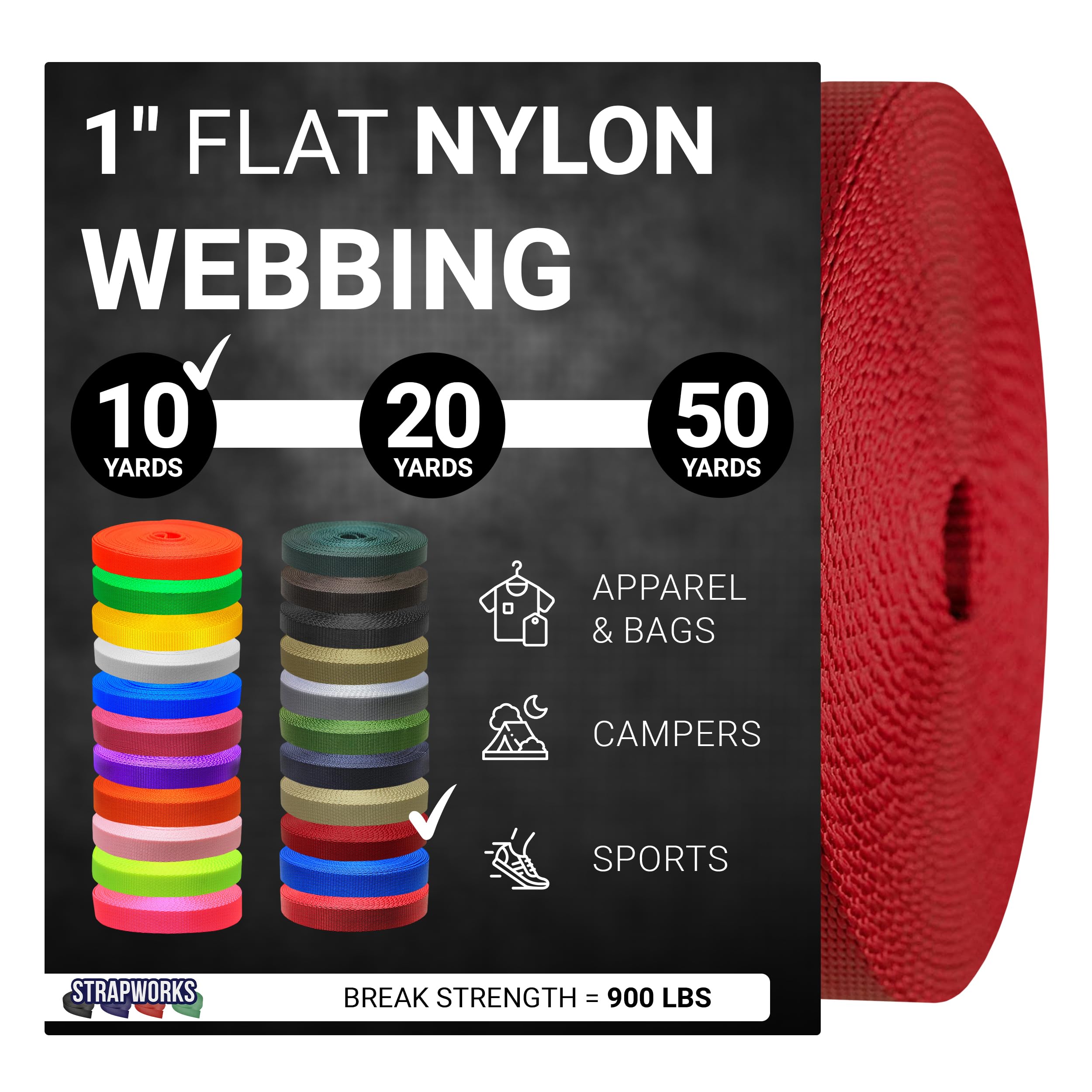 Strapworks 1 Inch Heavy Duty Nylon Webbing Strap Roll for Belt, Backpack, Sling, Collar, Leash, Strapping and More, 10, 20, or 50 Yards, Over 20 Colors