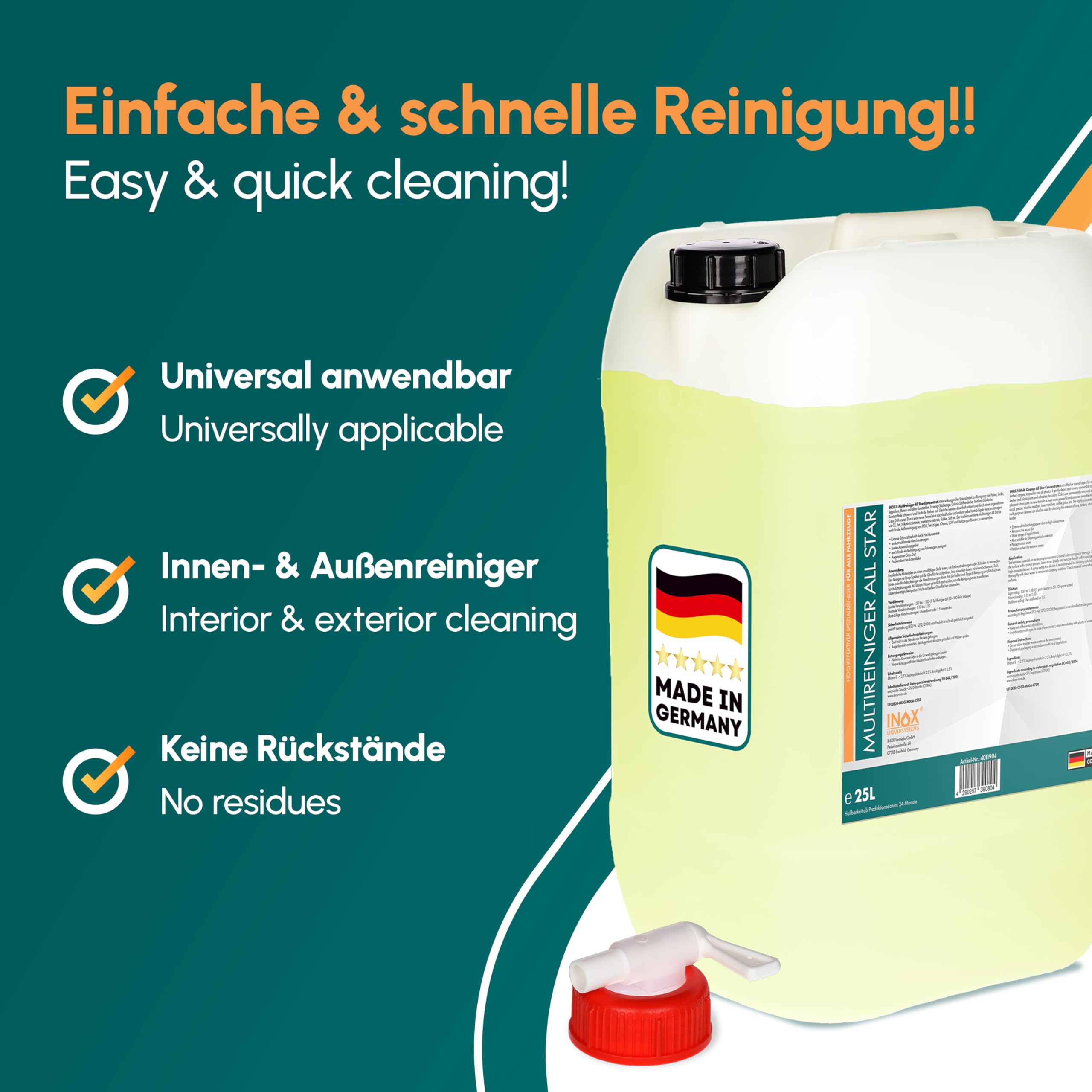 INOX® - All Star Multireiniger 25L Spray Auto Reiniger | Polsterreiniger Auto und Teppichreiniger | Kunststoffreiniger und Autoreinigung von Innen und Außen