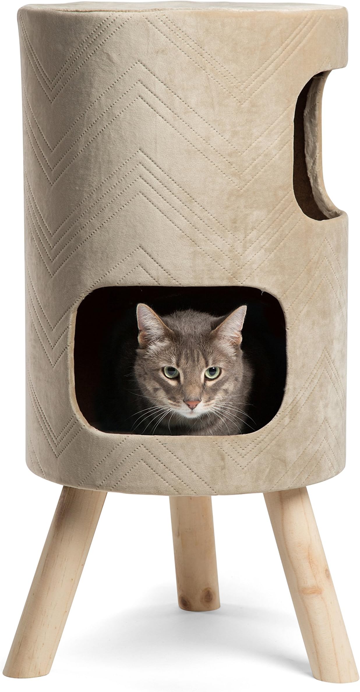 Modern Kitty Handcrafted Cat Tower w/Scratching Surface in Hiro, Wheat, 13"x13"x27"