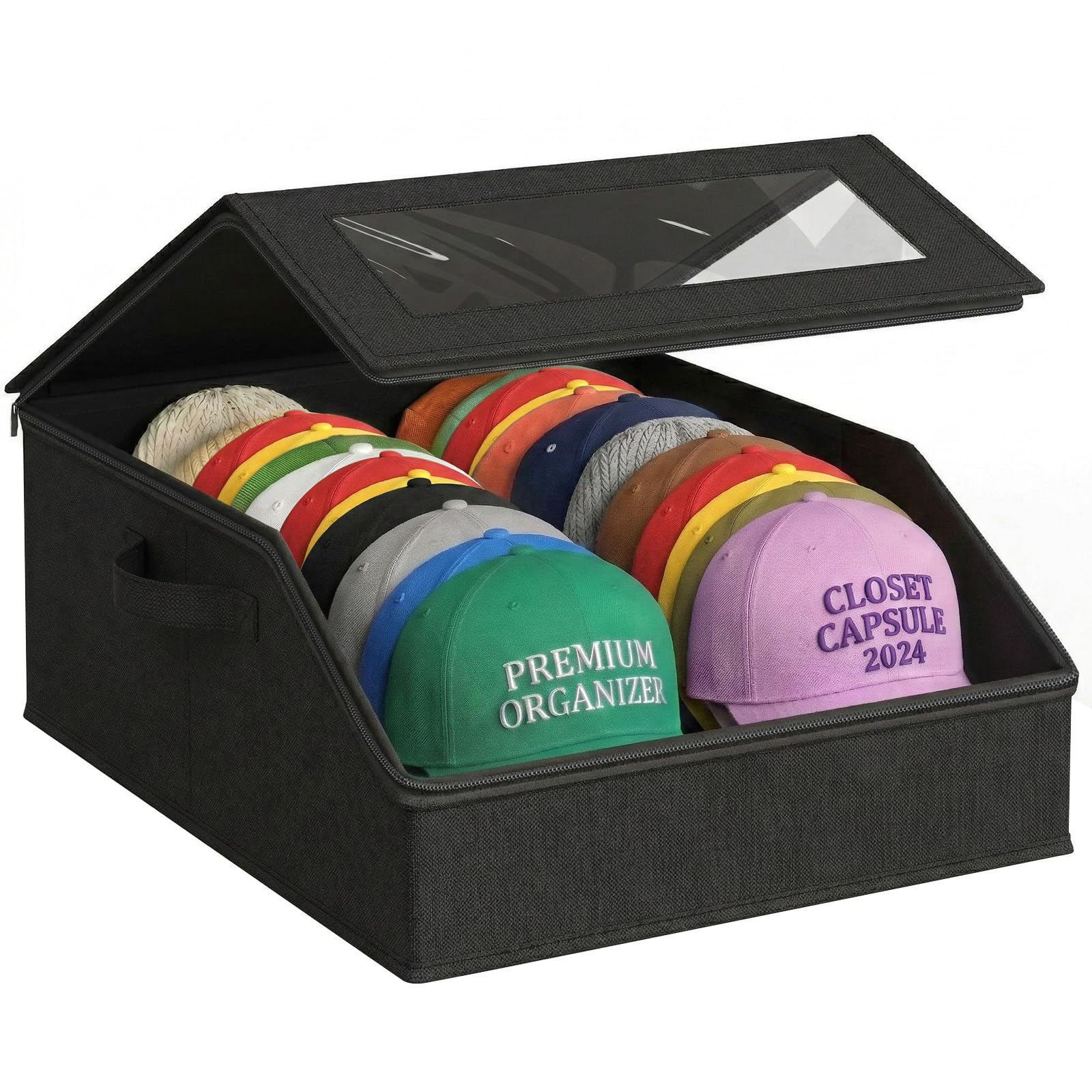 AURIVISTA Hat Storage for Baseball Caps, Holds up to 24 Caps, Stackable Hat Organizer for Closet, Dustproof Hat Box with Clear Window, Hollow Board Support & 2 Handles, Flip-Top Access (Black)