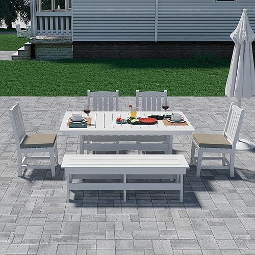 JURMALYN Juego de sillas de comedor para exteriores, juego de mesa de comedor con agujero para sombrilla, HDPE, mesa de picnic larga con sillas,