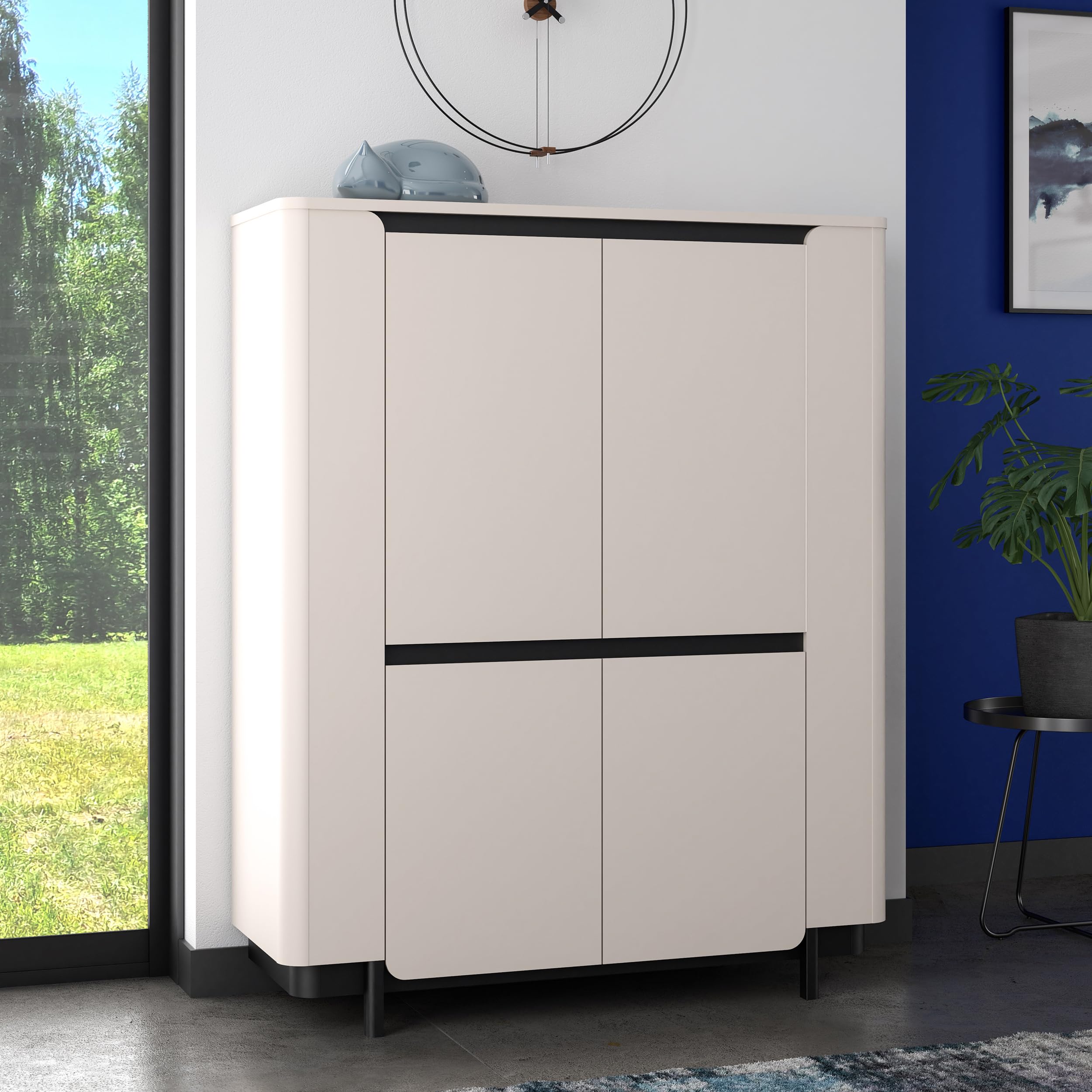 Forte VODOL Highboard 130, modernes Highboard mit 4 Türen und abgerundetem Eckendesign, Holzwerkstoff, Kaschmir|Beige, 130,3 cm breit x 161,1 cm hoch x 44,8 cm tief